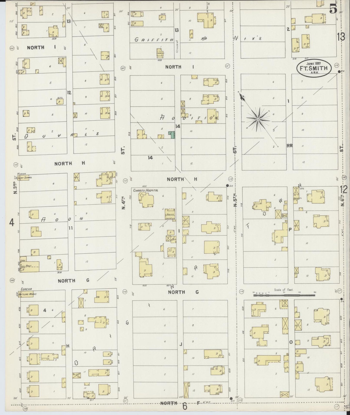 Sanborn Fire Insurance Map from Fort Smith, Sebastian County, Arkansas (1897), Sheet #0005 - Historic Sanborn Fire Insurance Map Print, vintage old map wall art, antique decor, genealogy gift, Arkansas Arkansas map