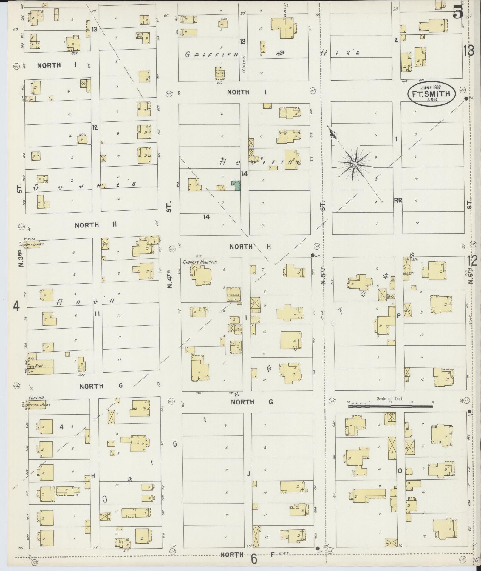 Sanborn Fire Insurance Map from Fort Smith, Sebastian County, Arkansas (1897), Sheet #0005 - Historic Sanborn Fire Insurance Map Print, vintage old map wall art, antique decor, genealogy gift, Arkansas Arkansas map