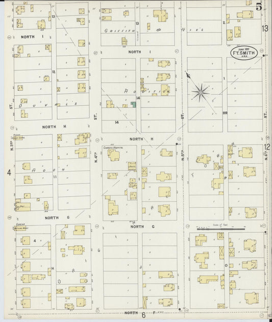 Sanborn Fire Insurance Map from Fort Smith, Sebastian County, Arkansas (1897), Sheet #0005 - Historic Sanborn Fire Insurance Map Print, vintage old map wall art, antique decor, genealogy gift, Arkansas Arkansas map