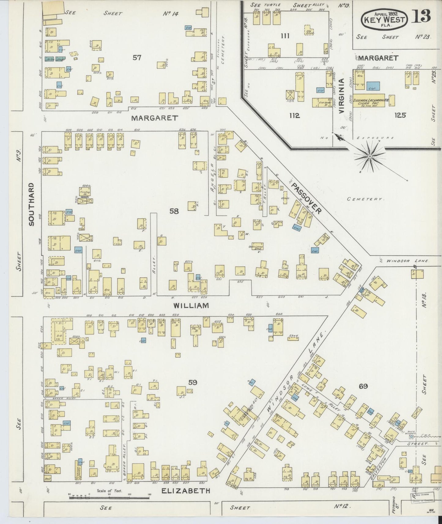 Sanborn Fire Insurance Map from Key West, Monroe County, Florida (1892), Sheet #0013 - Complete Map Set gallery image, historic Sanborn map, vintage wall art, Florida Florida