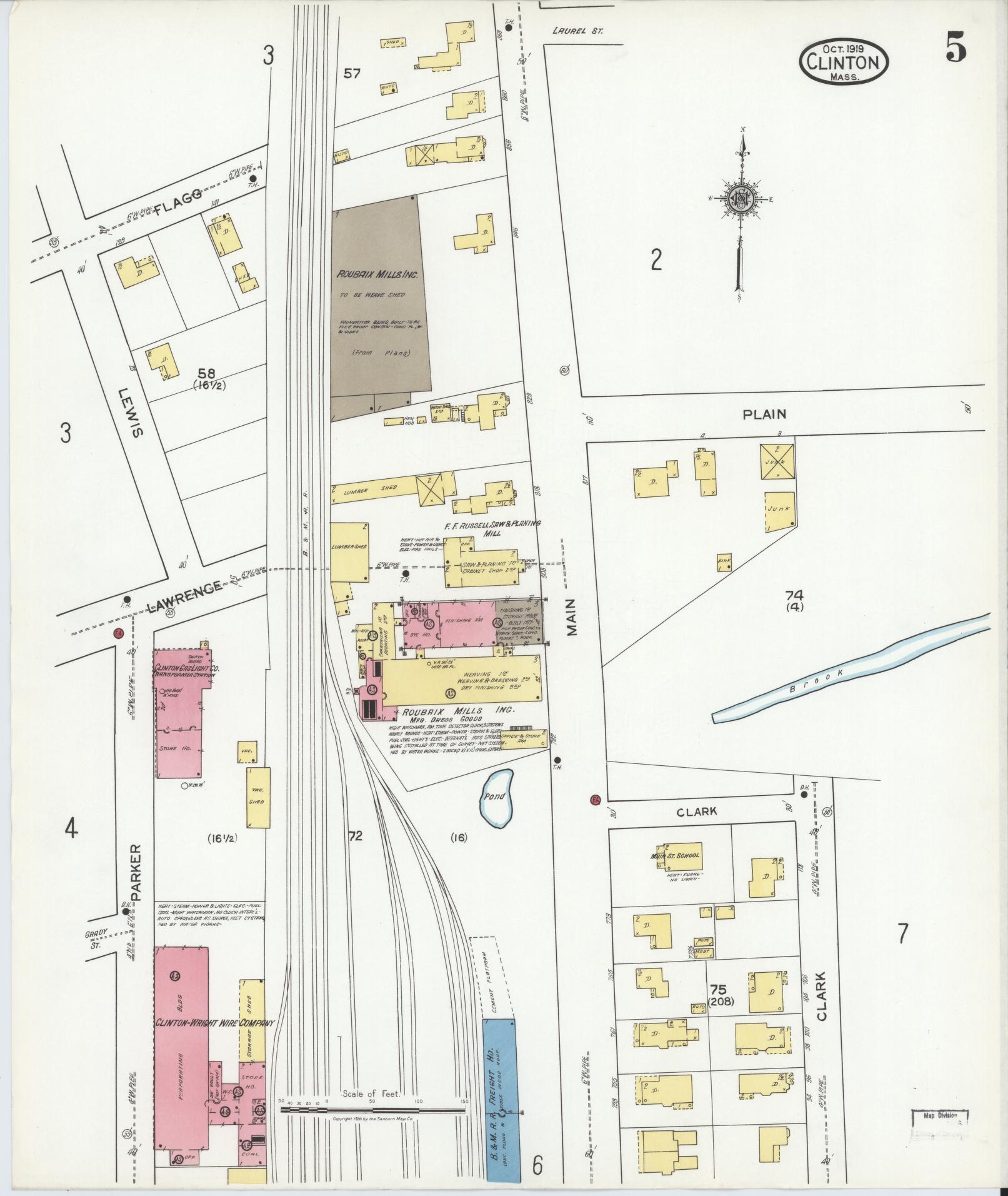 Sanborn Fire Insurance Map from Clinton, Worcester County, Massachusetts (1919), Sheet #0005 - Historic Sanborn Fire Insurance Map Print, vintage old map wall art, antique decor, genealogy gift, Massachusetts Massachusetts map