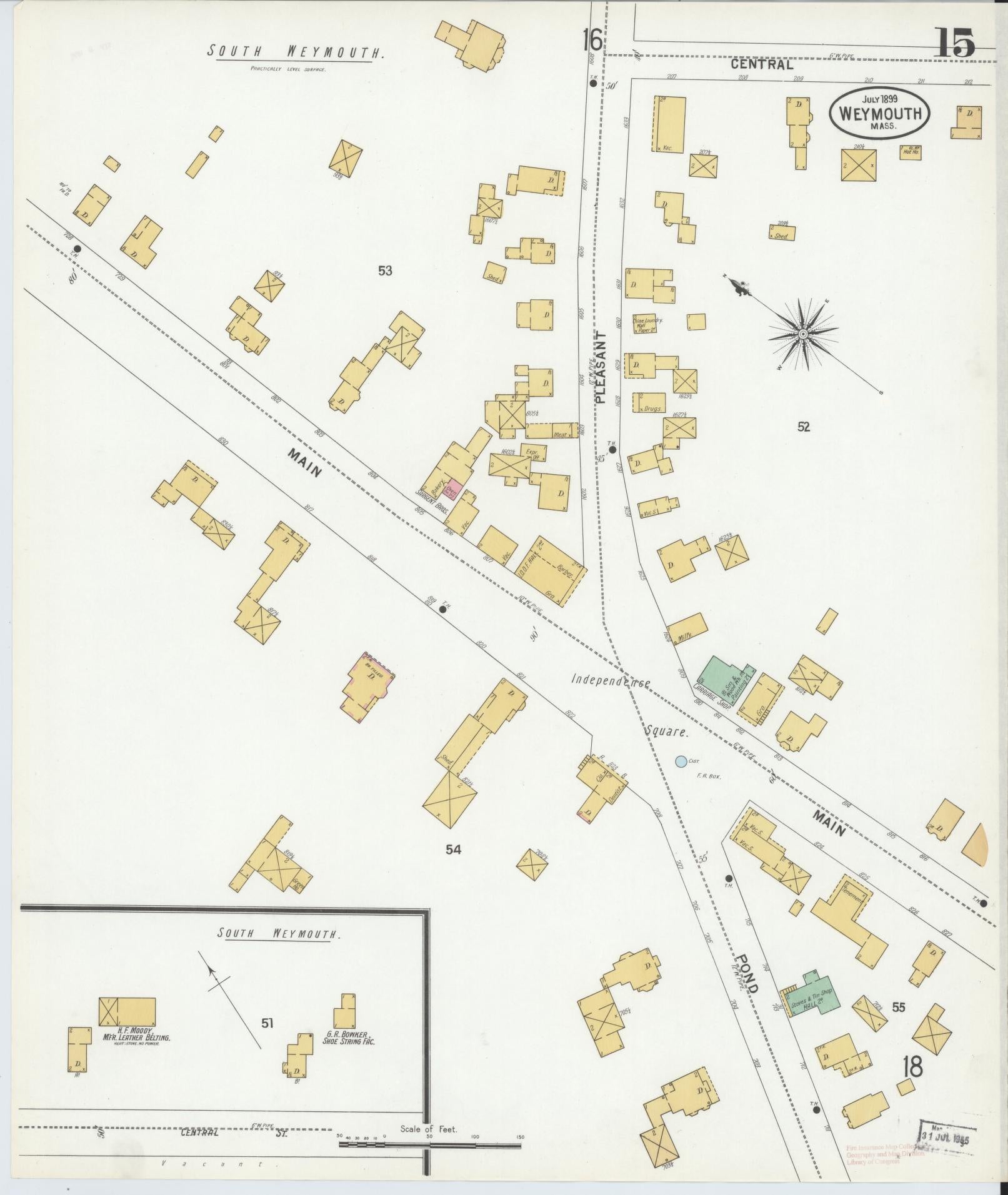 Sanborn Fire Insurance Map from Weymouth, Norfolk County, Massachusetts (1899), Sheet #0015 - Historic Sanborn Fire Insurance Map Print, vintage old map wall art, antique decor, genealogy gift, Massachusetts Massachusetts map