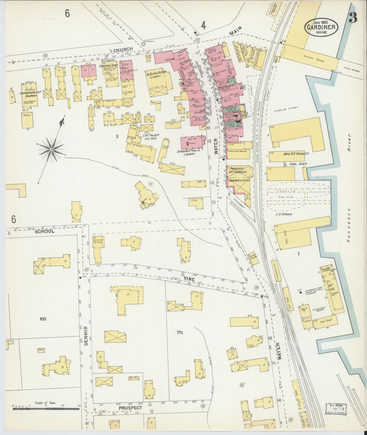 Sanborn Fire Insurance Map from Gardiner, Kennebec County, Maine (1903), Sheet #0003 - Complete Map Set gallery image, historic Sanborn map, vintage wall art, Maine Maine