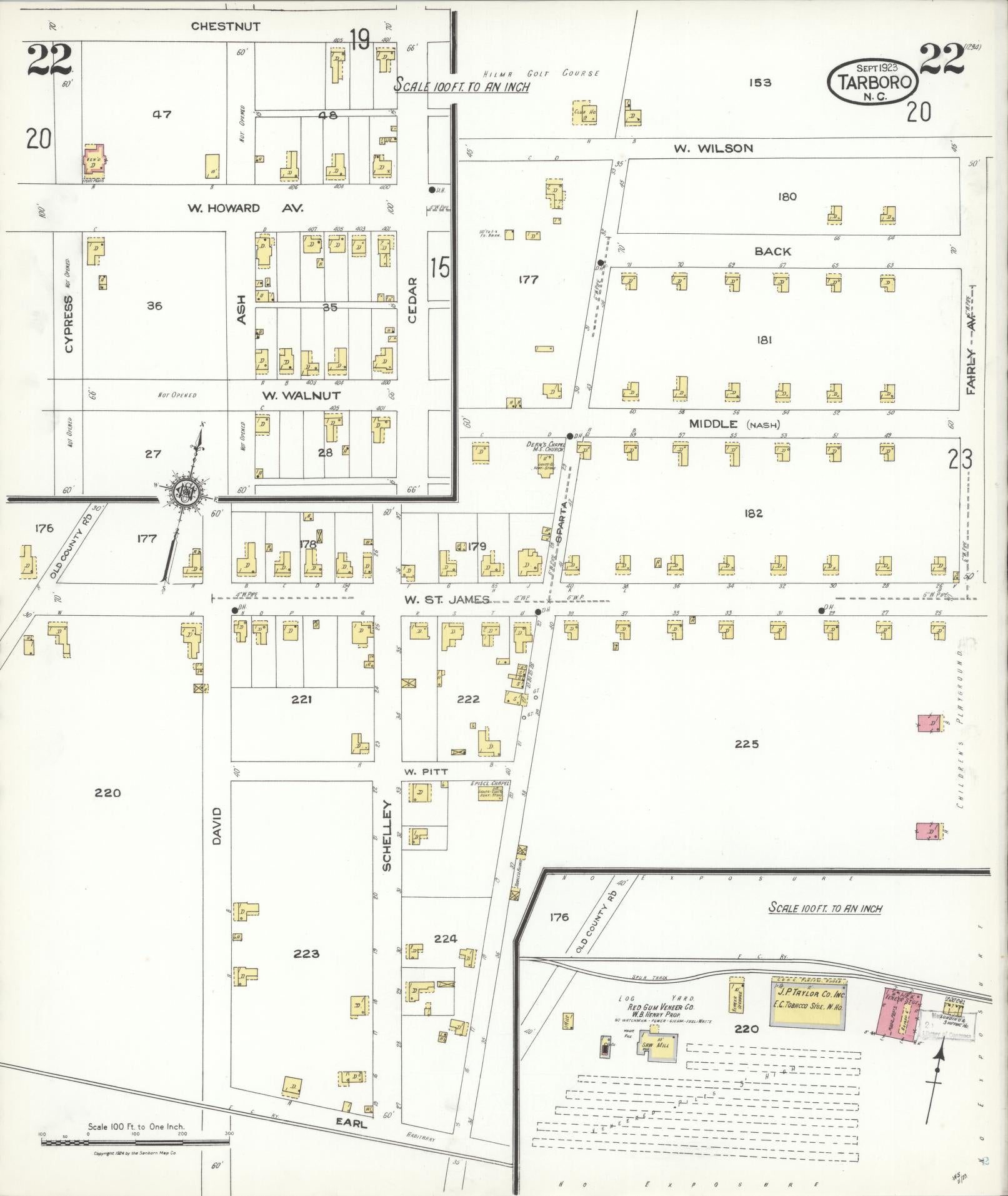 Sanborn Fire Insurance Map from Tarboro, Edgecombe County, North Carolina (1923), Sheet #0022 - Complete Map Set gallery image, historic Sanborn map, vintage wall art, North Carolina North Carolina