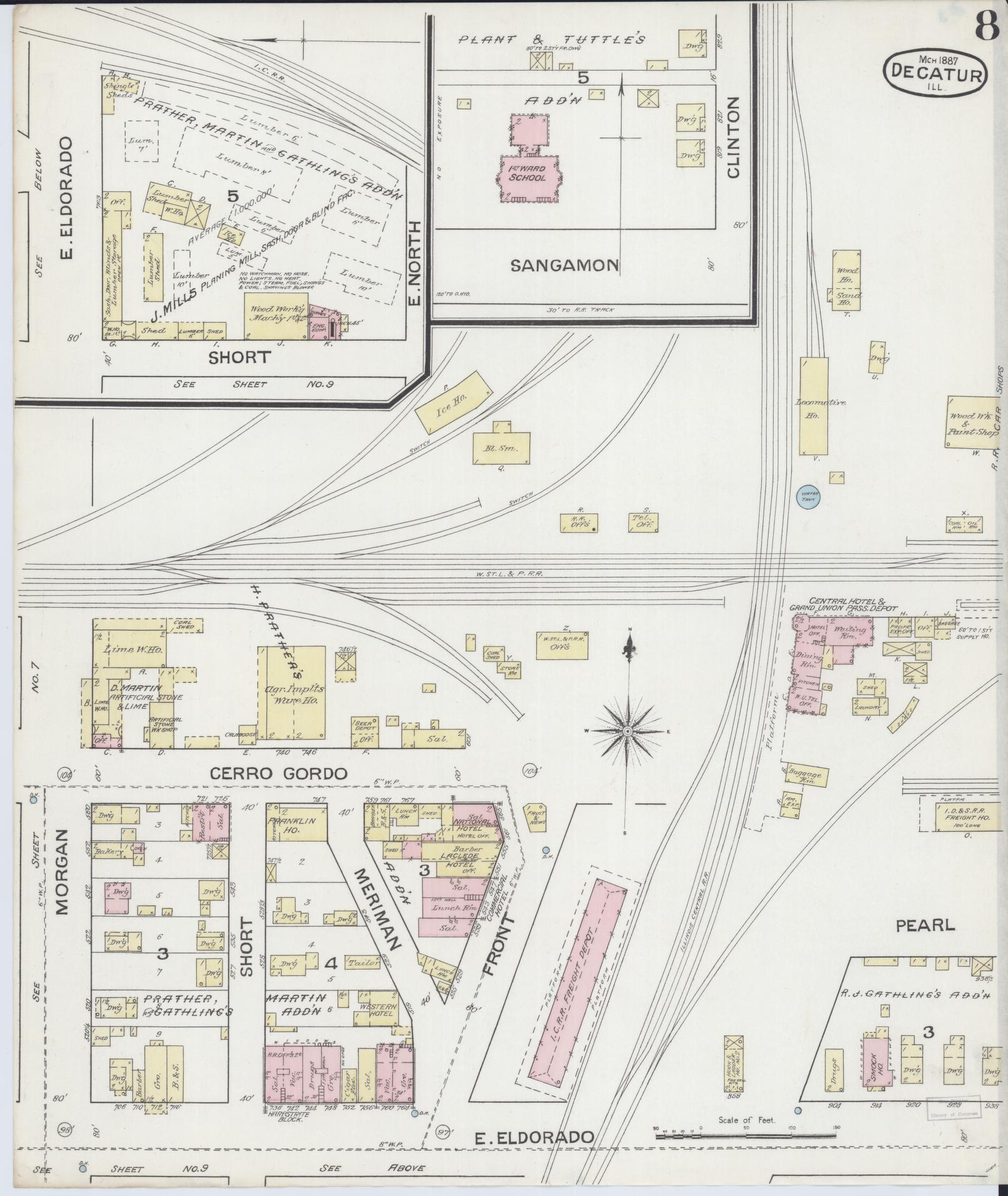 Sanborn Fire Insurance Map from Decatur, Macon County, Illinois (1887), Sheet #0008 - Complete Map Set gallery image, historic Sanborn map, vintage wall art, Illinois Illinois