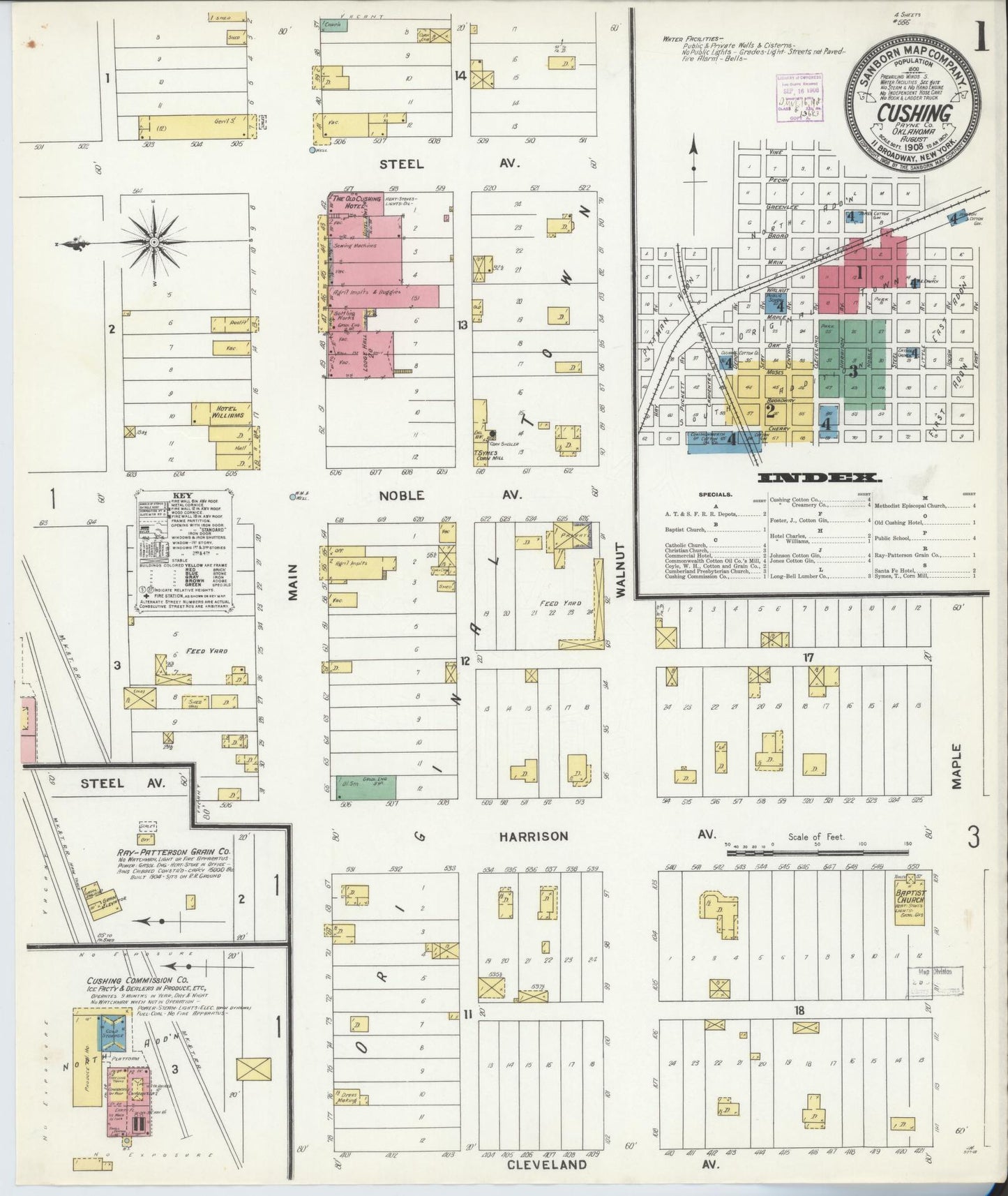 Sanborn Fire Insurance Map from Cushing, Payne County, Oklahoma (1908), Sheet #0001 - Historic Sanborn Fire Insurance Map Print, vintage old map wall art, antique decor, genealogy gift, Oklahoma Oklahoma map