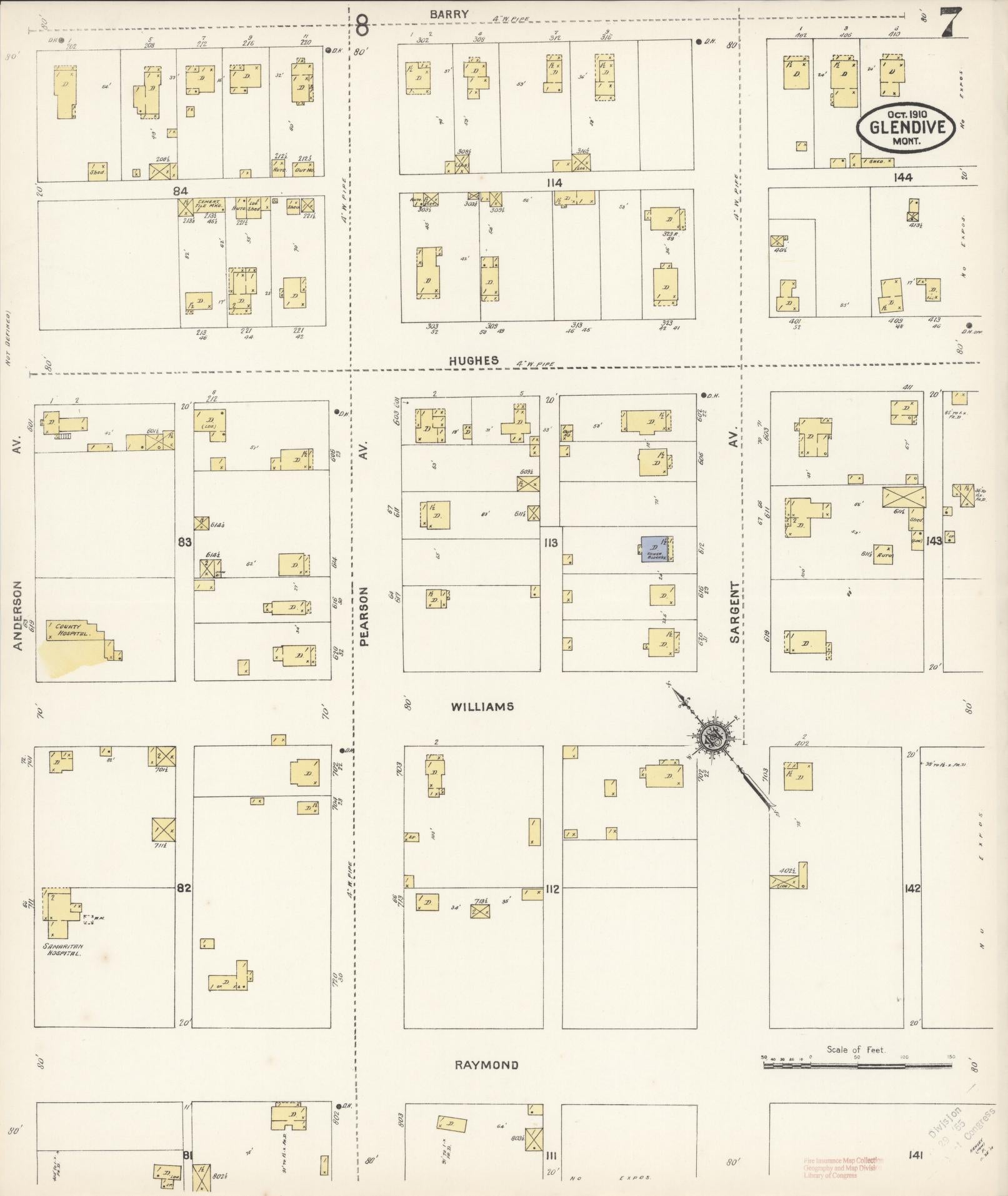 Sanborn Fire Insurance Map from Glendive, Dawson County, Montana (1910), Sheet #0007 - Historic Sanborn Fire Insurance Map Print, vintage old map wall art, antique decor, genealogy gift, Montana Montana map