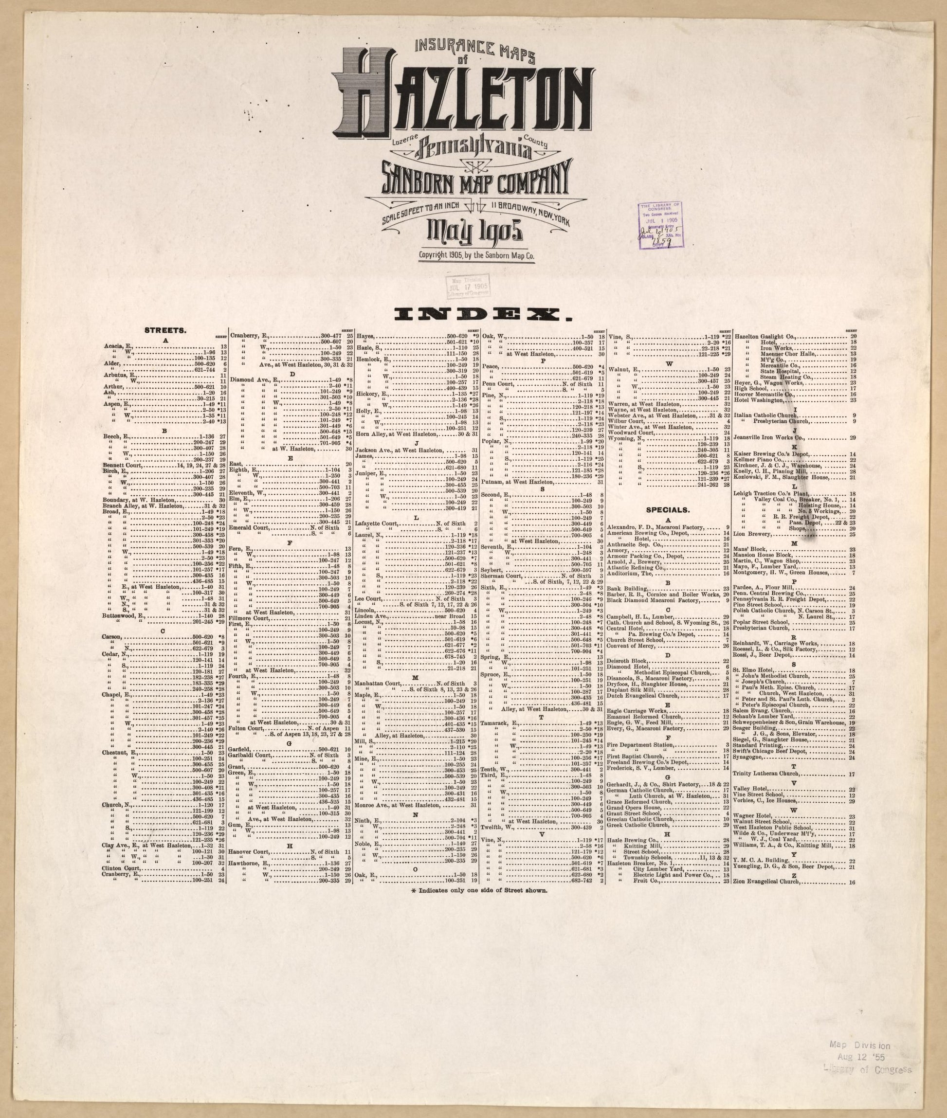 Sanborn Fire Insurance Map from Hazleton, Luzerne County, Pennsylvania. (1905) – Historic Sanborn Fire Insurance Map Print