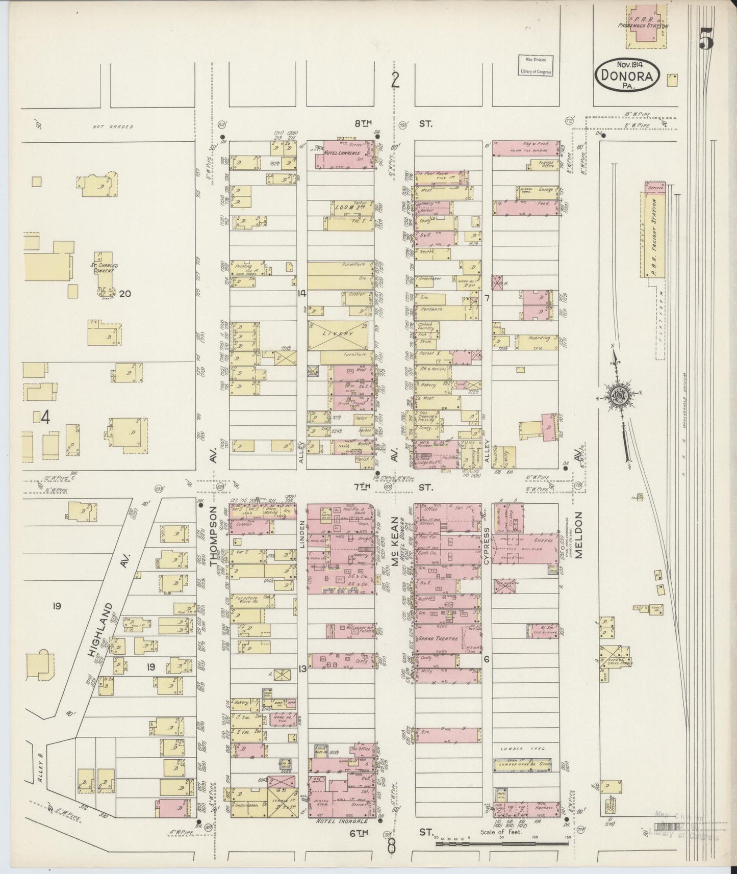 Sanborn Fire Insurance Map from Donora, Washington County, Pennsylvania (1914), Sheet #0005 - Historic Sanborn Fire Insurance Map Print, vintage old map wall art, antique decor, genealogy gift, Pennsylvania Pennsylvania map