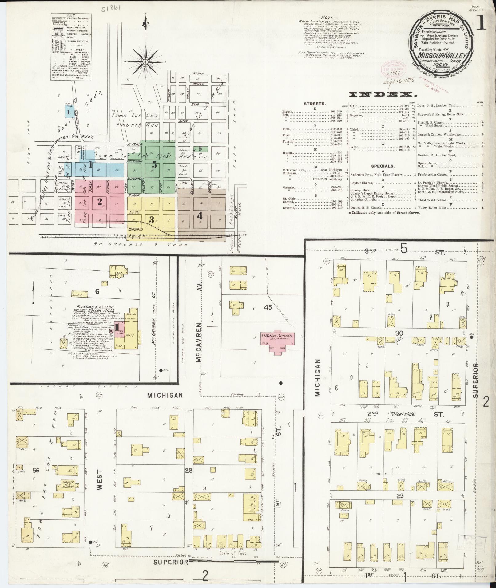 Sanborn Fire Insurance Map from Missouri Valley, Harrison County, Iowa (1896), Sheet #0001 - Historic Sanborn Fire Insurance Map Print, vintage old map wall art, antique decor, genealogy gift, Missouri Missouri map