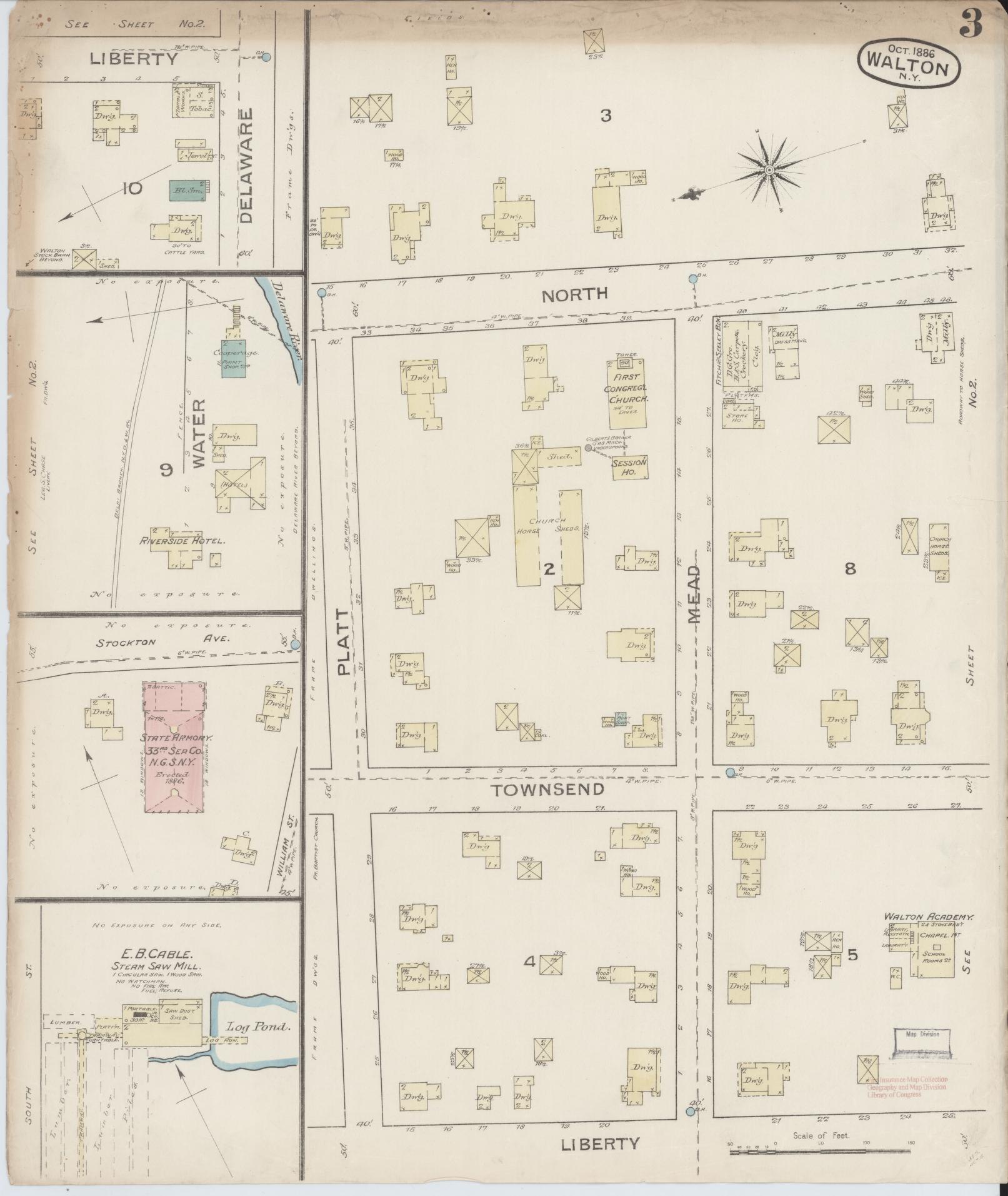 Sanborn Fire Insurance Map from Walton, Delaware County, New York (1886), Sheet #0003 - Complete Map Set gallery image, historic Sanborn map, vintage wall art, Walton Delaware