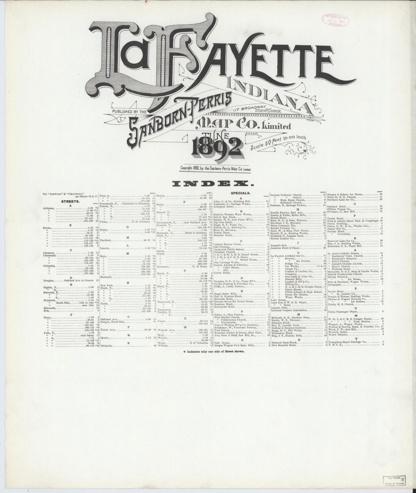 Sanborn Fire Insurance Map from Lafayette, Tippecanoe County, Indiana. (1892) – Historic Sanborn Fire Insurance Map Print