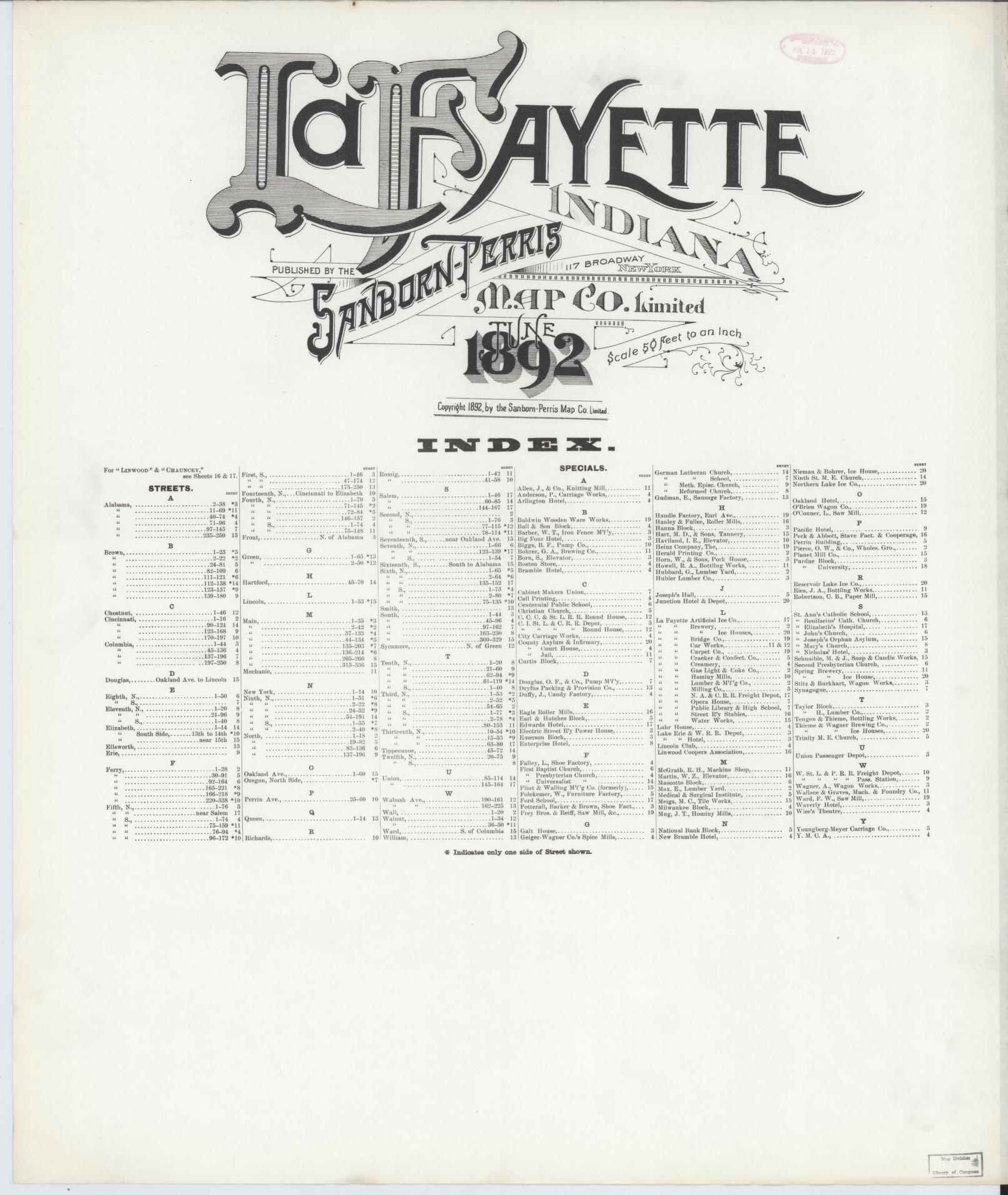 Sanborn Fire Insurance Map from Lafayette, Tippecanoe County, Indiana. (1892) – Historic Sanborn Fire Insurance Map Print