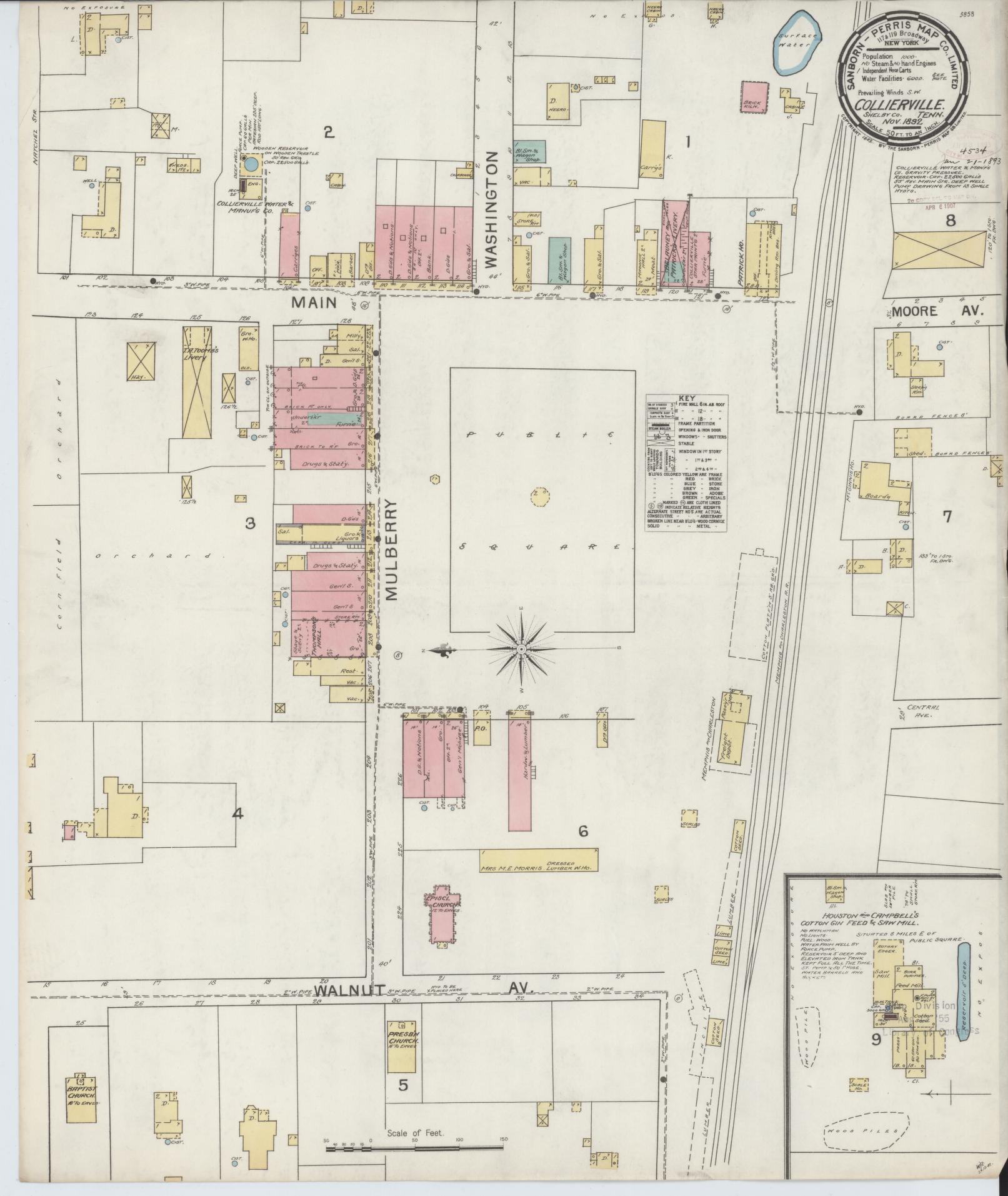 Sanborn Fire Insurance Map from Collierville, Shelby County, Tennessee (1892), Sheet #0001 - Historic Sanborn Fire Insurance Map Print, vintage old map wall art, antique decor, genealogy gift, Tennessee Tennessee map
