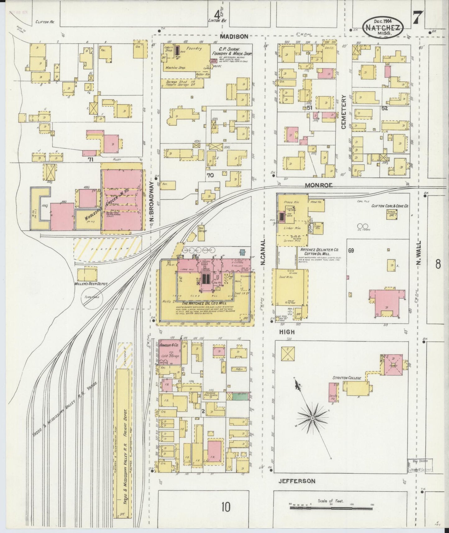 Sanborn Fire Insurance Map from Natchez, Adams County, Mississippi (1904), Sheet #0007 - Historic Sanborn Fire Insurance Map Print, vintage old map wall art, antique decor, genealogy gift, Mississippi Mississippi map