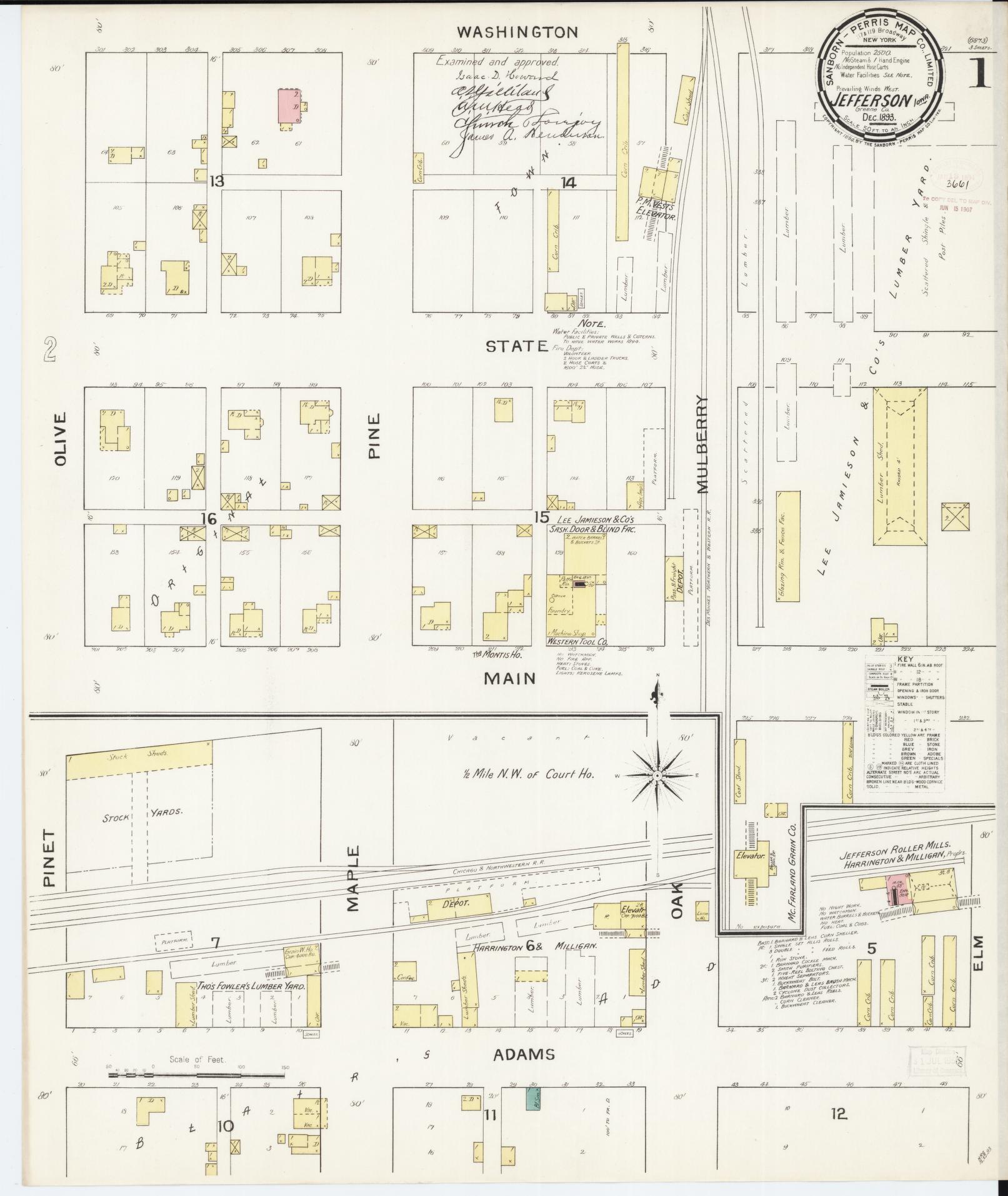 Sanborn Fire Insurance Map from Jefferson, Greene County, Iowa (1893), Sheet #0001 - Historic Sanborn Fire Insurance Map Print, vintage old map wall art