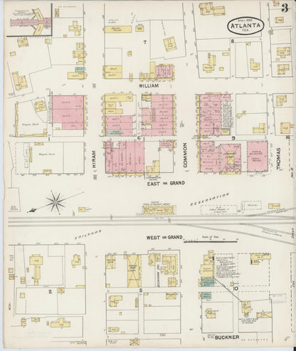 Sanborn Fire Insurance Map from Atlanta, Cass County, Texas (1890), Sheet #0003 - Historic Sanborn Fire Insurance Map Print, vintage old map wall art, antique decor, genealogy gift, Texas Texas map