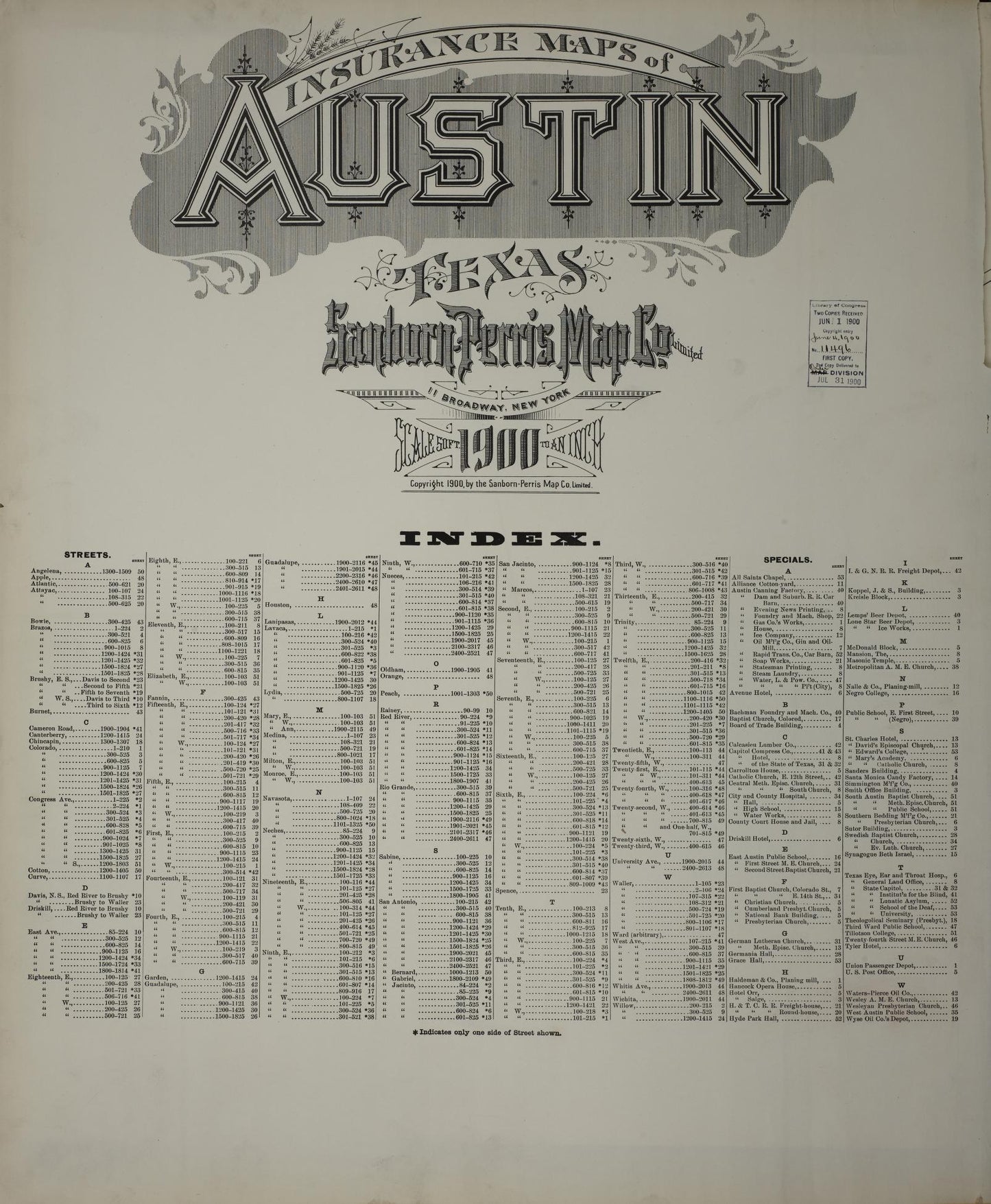 Sanborn Fire Insurance Map from Austin, Travis County, Texas. (1900) – Historic Sanborn Fire Insurance Map Print