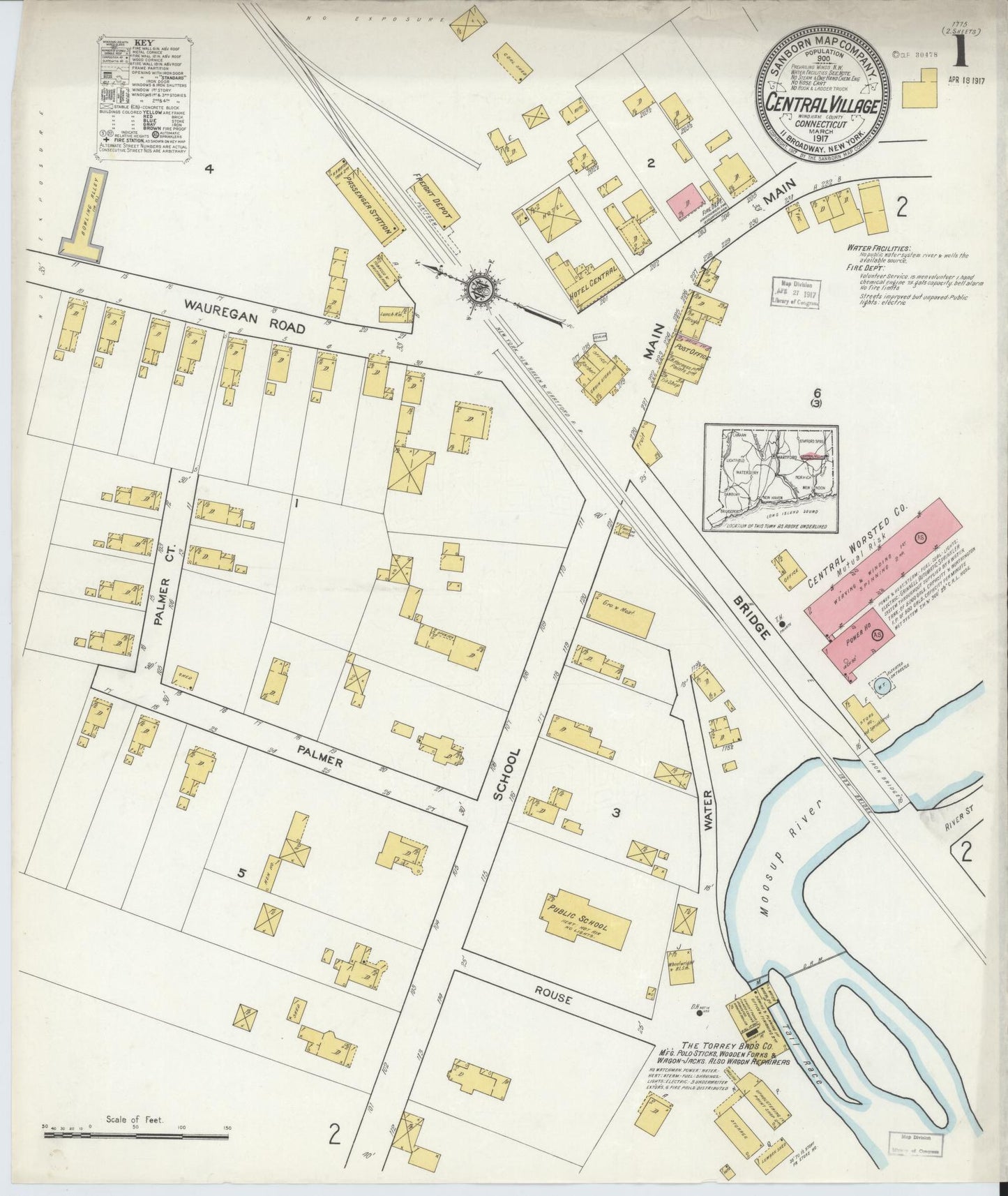 Sanborn Fire Insurance Map from Central Village, Windham County, Connecticut (1917), Sheet #0001 - Complete Map Set gallery image, historic Sanborn map, vintage wall art, Connecticut Connecticut