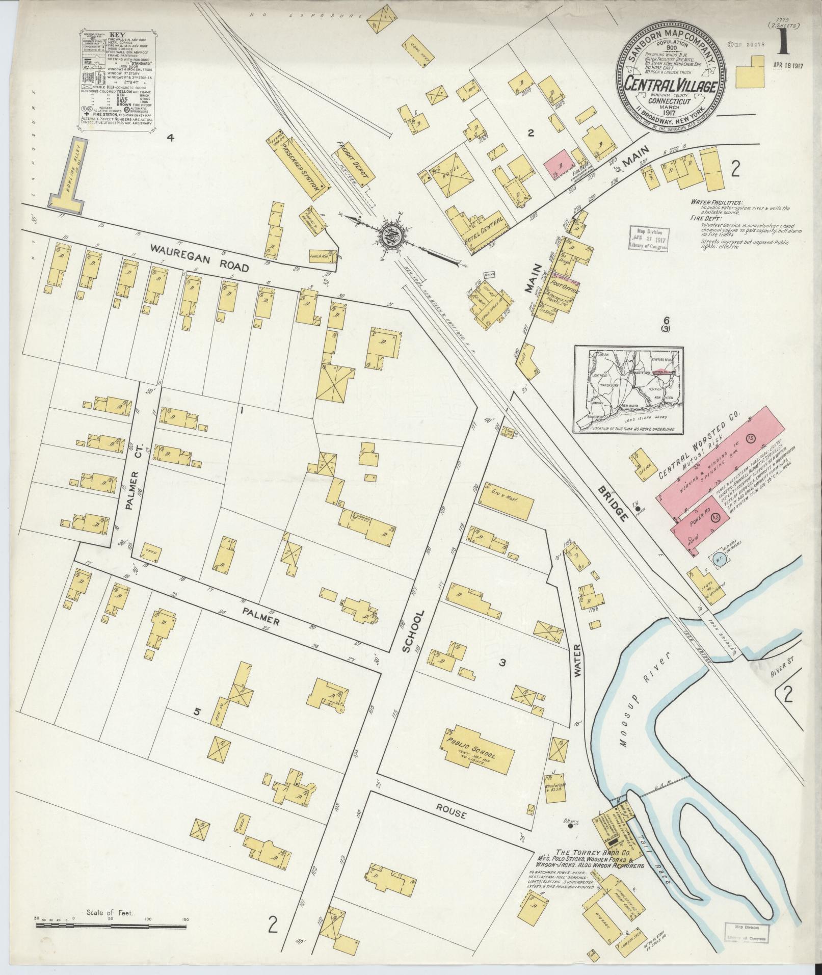 Sanborn Fire Insurance Map from Central Village, Windham County, Connecticut (1917), Sheet #0001 - Complete Map Set gallery image, historic Sanborn map, vintage wall art, Connecticut Connecticut