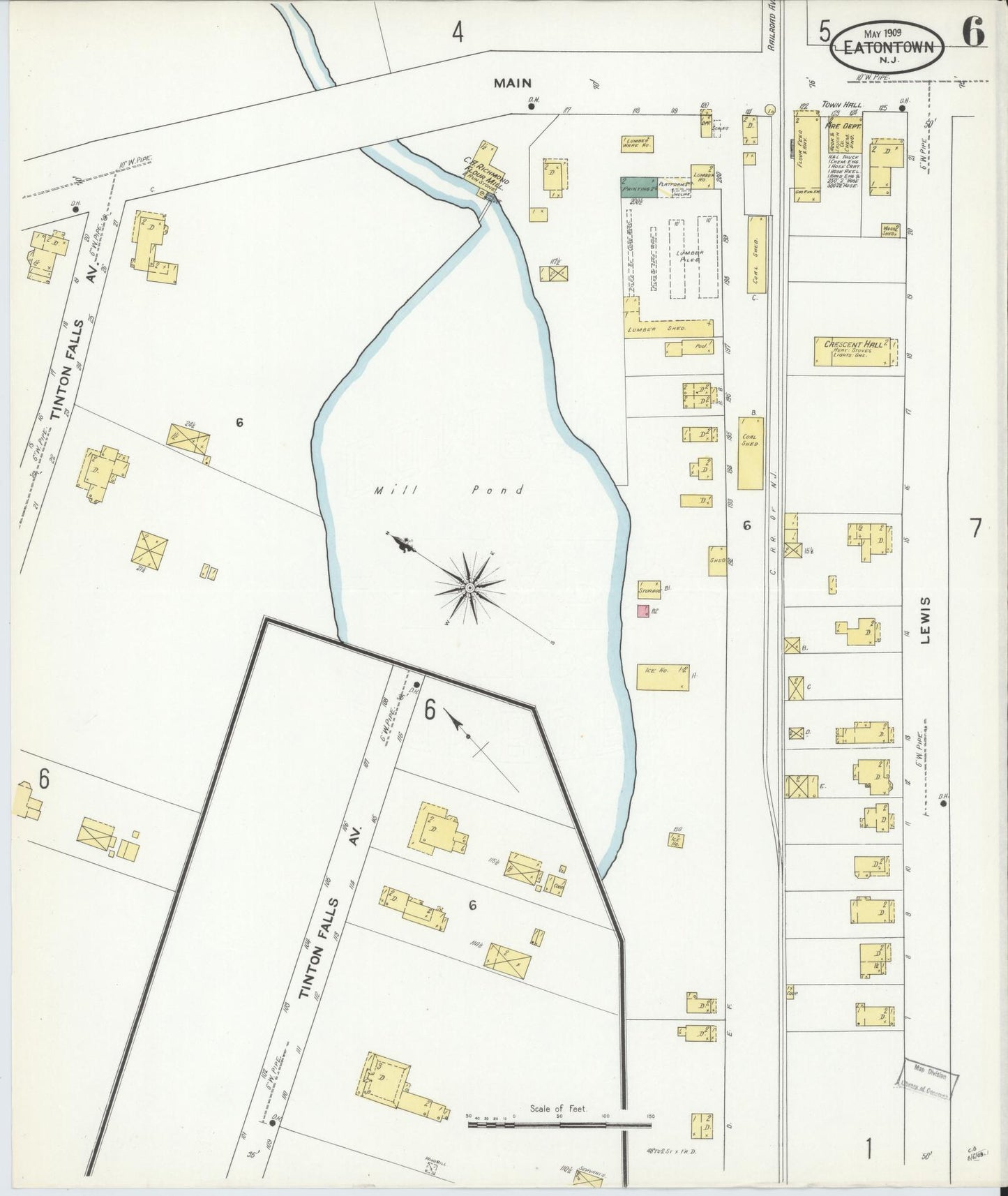 Sanborn Fire Insurance Map from Eatontown, Monmouth County, New Jersey (1909), Sheet #0006 - Historic Sanborn Fire Insurance Map Print, vintage old map wall art, antique decor, genealogy gift, New Jersey New Jersey map