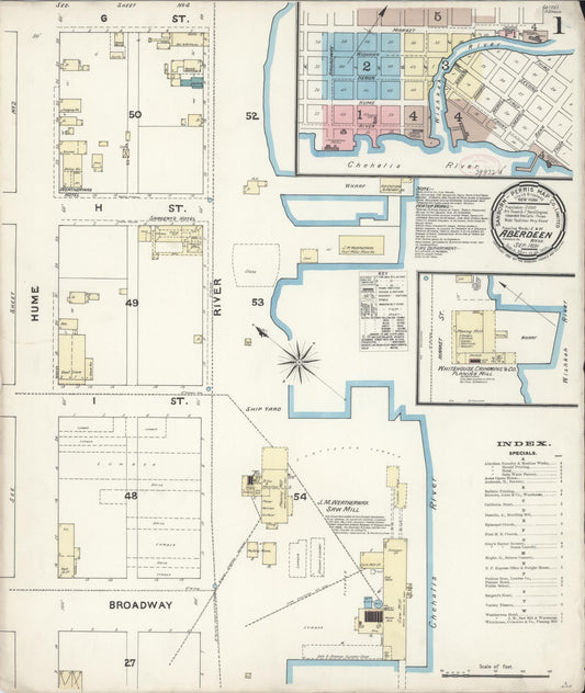Sanborn Fire Insurance Map from Aberdeen, Grays Harbor County, Washington (1891), Sheet #0001 - Historic Sanborn Fire Insurance Map Print, vintage old map wall art, antique decor, genealogy gift, Washington Washington map
