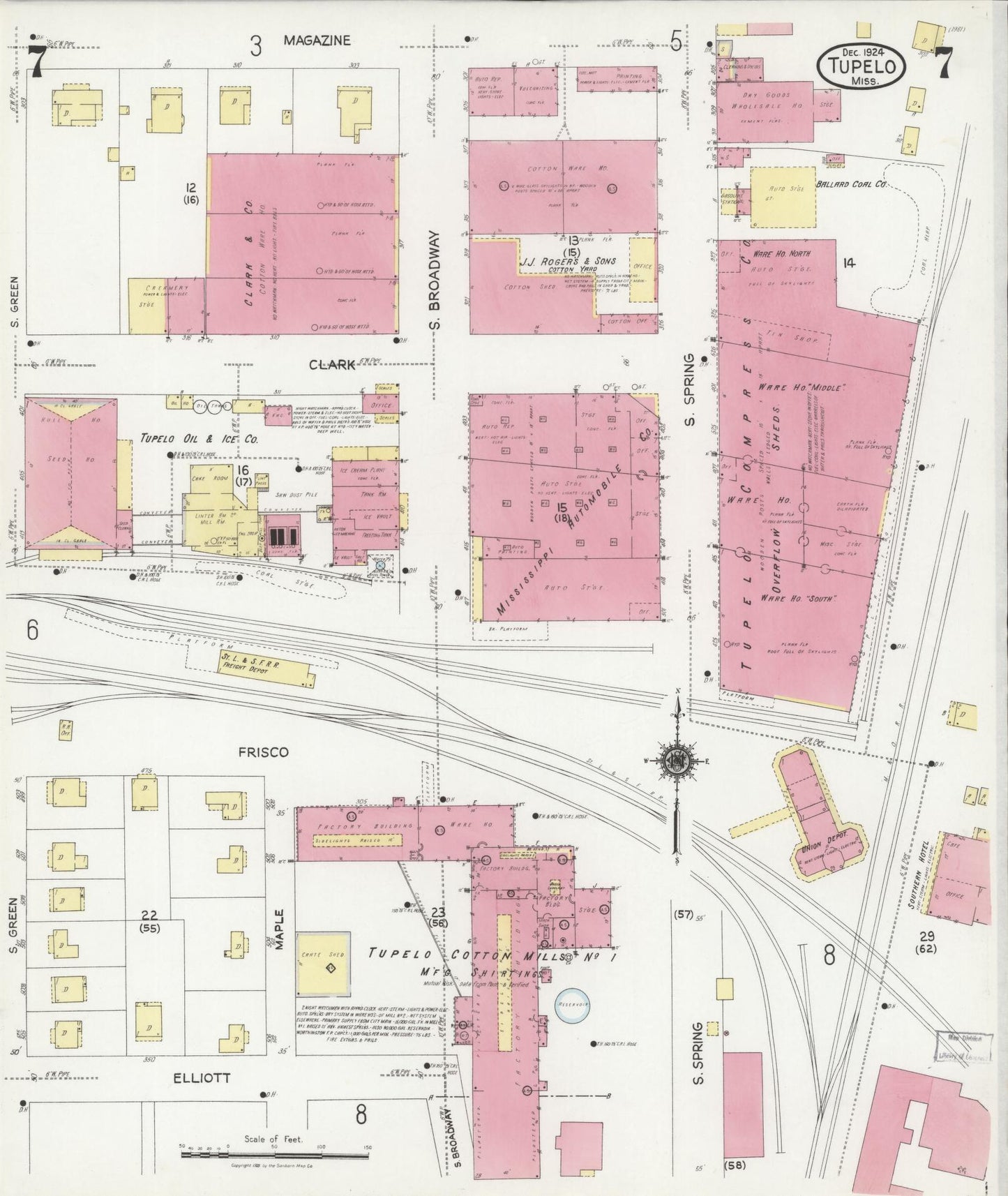 Sanborn Fire Insurance Map from Tupelo, Lee County, Mississippi (1924), Sheet #0007 - Historic Sanborn Fire Insurance Map Print, vintage old map wall art, antique decor, genealogy gift, Mississippi Mississippi map