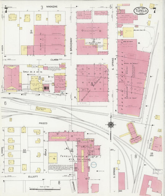 Sanborn Fire Insurance Map from Tupelo, Lee County, Mississippi (1924), Sheet #0007 - Historic Sanborn Fire Insurance Map Print, vintage old map wall art, antique decor, genealogy gift, Mississippi Mississippi map