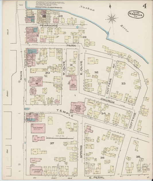 Sanborn Fire Insurance Map from Nashua, Hillsborough County, New Hampshire (1885), Sheet #0004 - Historic Sanborn Fire Insurance Map Print, vintage old map wall art, antique decor, genealogy gift, New Hampshire New Hampshire map