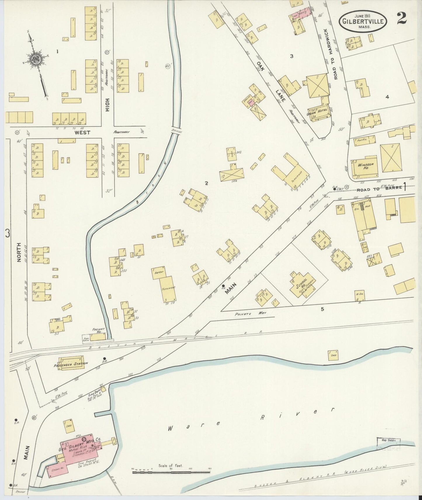 Sanborn Fire Insurance Map from Gilbertville, Worcester County, Massachusetts (1911), Sheet #0002 - Historic Sanborn Fire Insurance Map Print, vintage old map wall art, antique decor, genealogy gift, Massachusetts Massachusetts map