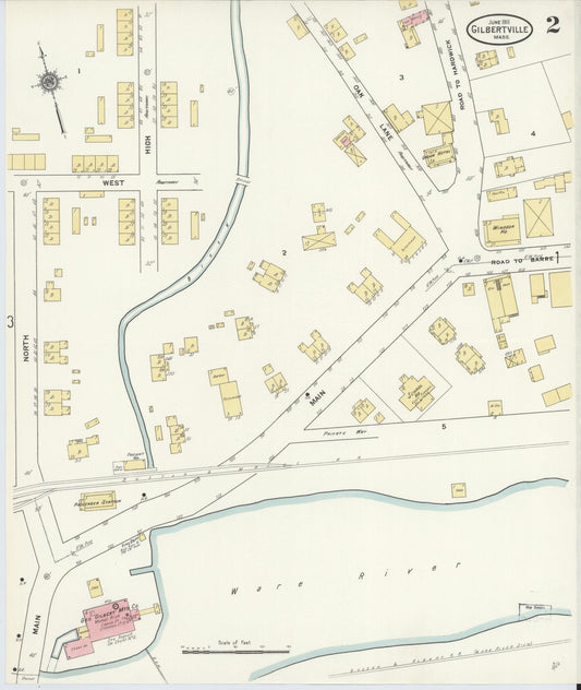 Sanborn Fire Insurance Map from Gilbertville, Worcester County, Massachusetts (1911), Sheet #0002 - Historic Sanborn Fire Insurance Map Print, vintage old map wall art, antique decor, genealogy gift, Massachusetts Massachusetts map
