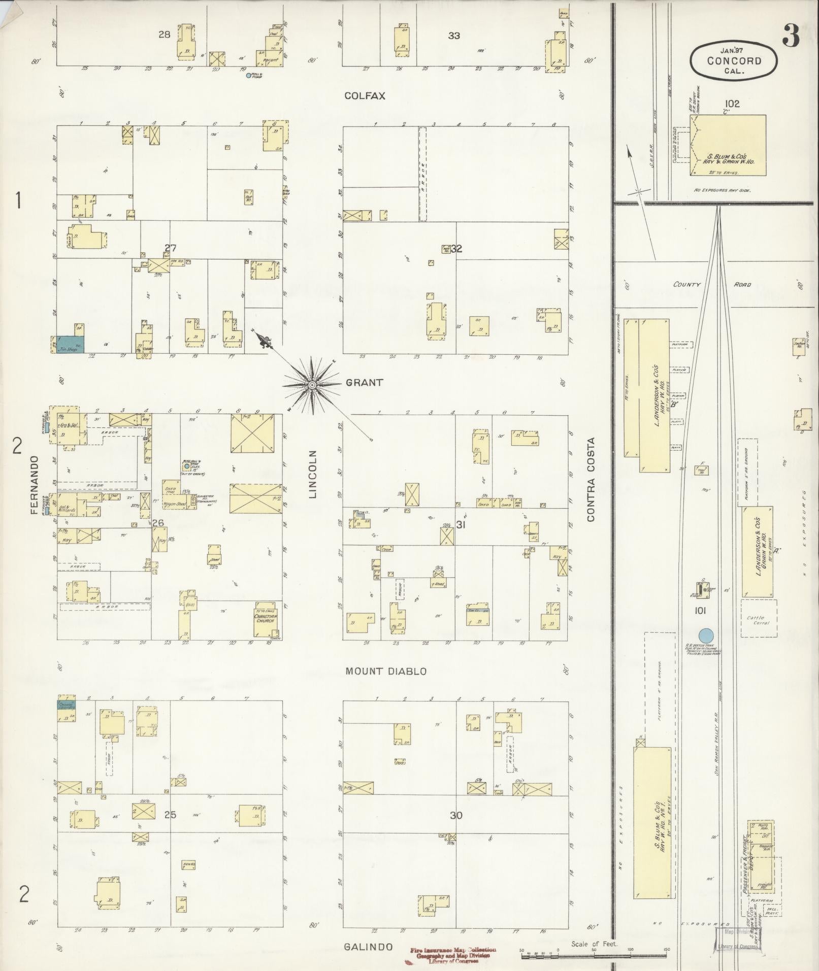 Sanborn Fire Insurance Map from Concord, Contra Costa County, California (1897), Sheet #0003 - Complete Map Set gallery image, historic Sanborn map, vintage wall art, California California