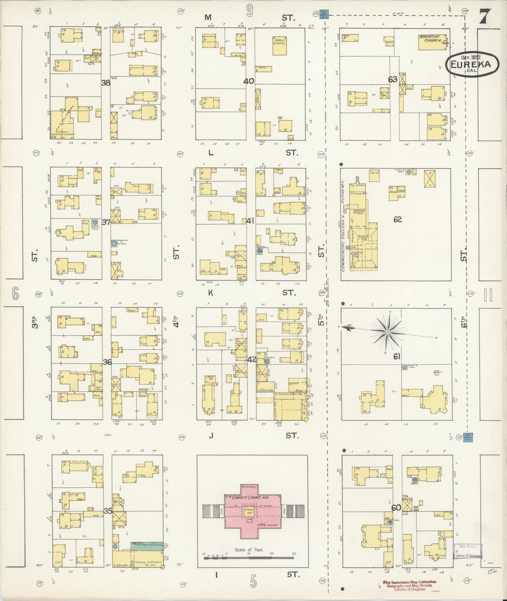 Sanborn Fire Insurance Map from Eureka, Humboldt County, California (1892), Sheet #0007 - Historic Sanborn Fire Insurance Map Print, vintage old map wall art, antique decor, genealogy gift, California California map