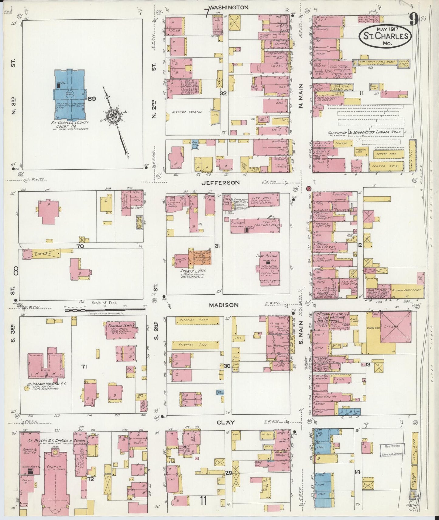 Sanborn Fire Insurance Map from Saint Charles, Saint Charles County, Missouri (1917), Sheet #0009 - Historic Sanborn Fire Insurance Map Print, vintage old map wall art, antique decor, genealogy gift, Missouri Missouri map