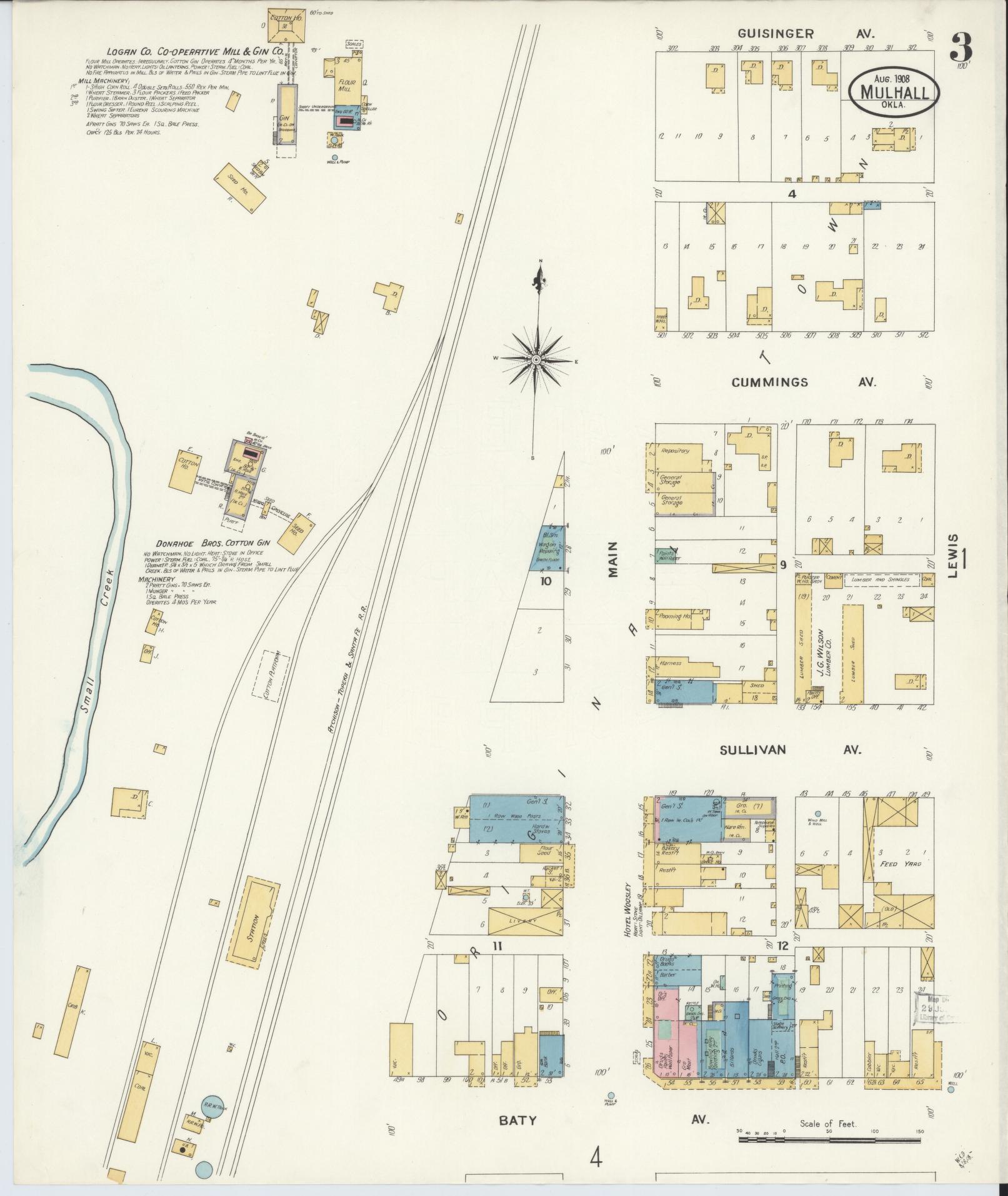 Sanborn Fire Insurance Map from Mulhall, Logan County, Oklahoma (1908), Sheet #0003 - Complete Map Set gallery image, historic Sanborn map, vintage wall art, Oklahoma Oklahoma