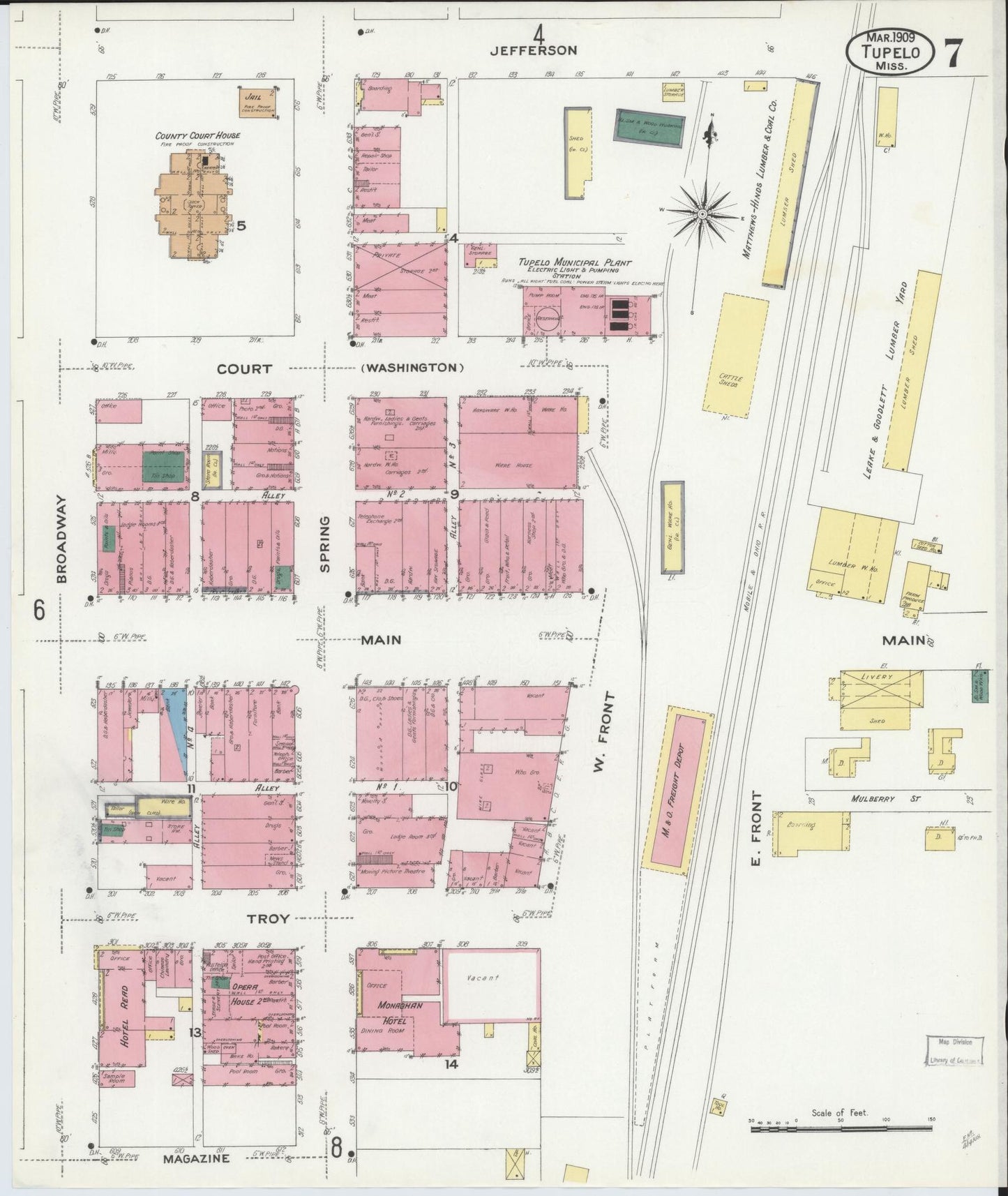 Sanborn Fire Insurance Map from Tupelo, Lee County, Mississippi (1909), Sheet #0007 - Complete Map Set gallery image, historic Sanborn map, vintage wall art, Mississippi Mississippi