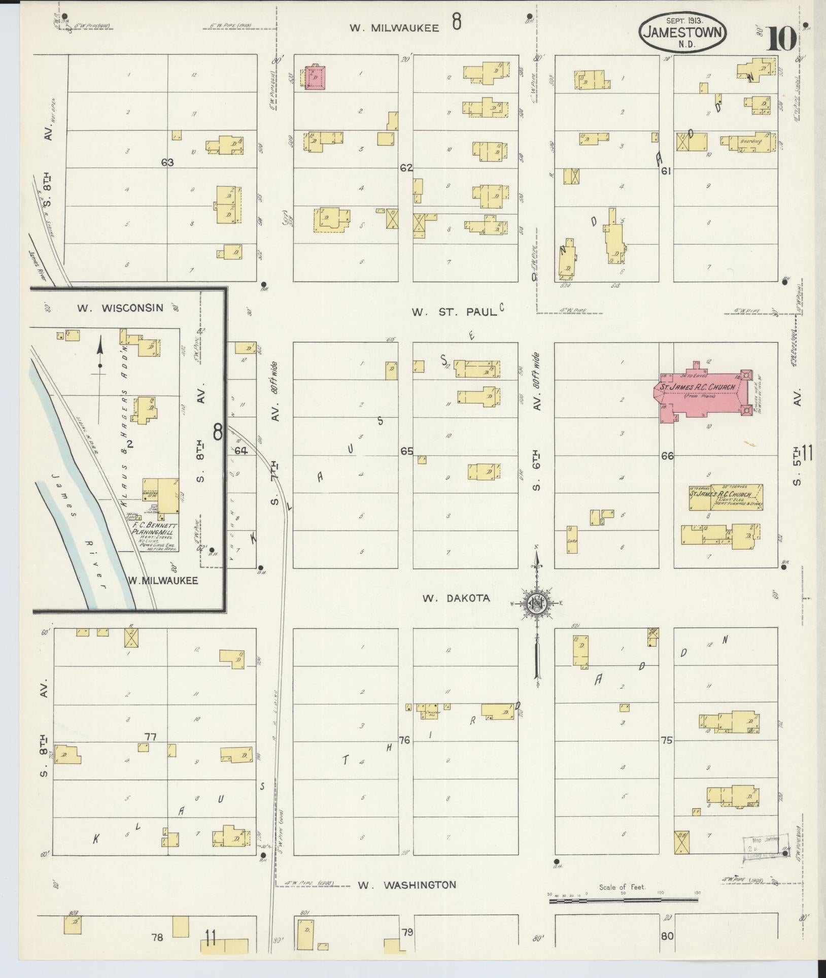 Sanborn Fire Insurance Map from Jamestown, Stutsman County, North Dakota (1913), Sheet #0010 - Complete Map Set gallery image, historic Sanborn map, vintage wall art, North Dakota North Dakota