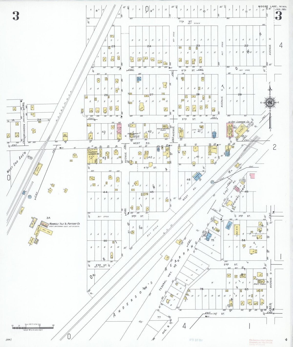 Sanborn Fire Insurance Map from Moose Lake, Carlton County, Minnesota (1951), Sheet #0003 - Complete Map Set gallery image, historic Sanborn map, vintage wall art, Minnesota Minnesota