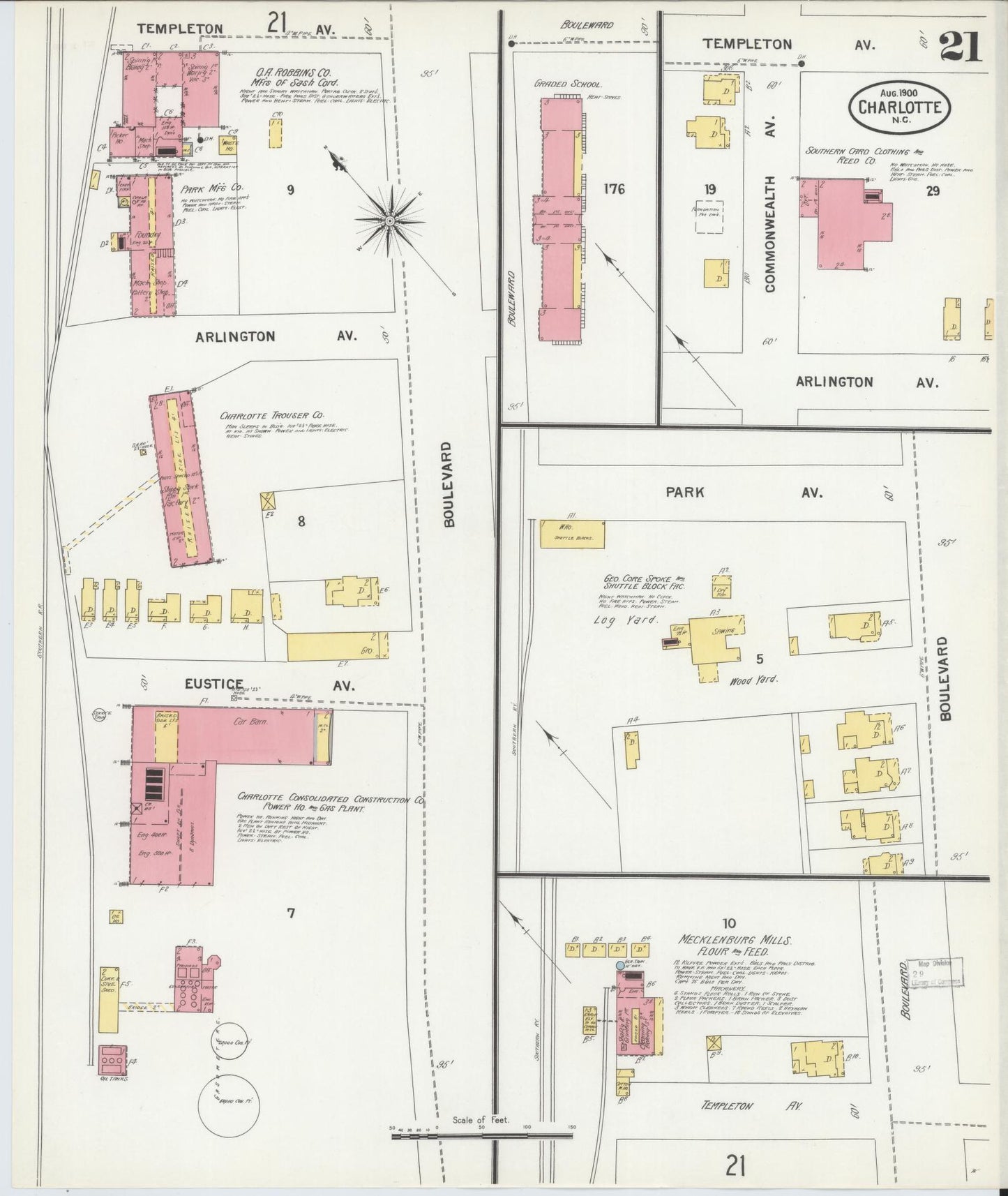 Sanborn Fire Insurance Map from Charlotte, Mecklenburg County, North Carolina (1900), Sheet #0021 - Complete Map Set gallery image, historic Sanborn map, vintage wall art, North Carolina North Carolina