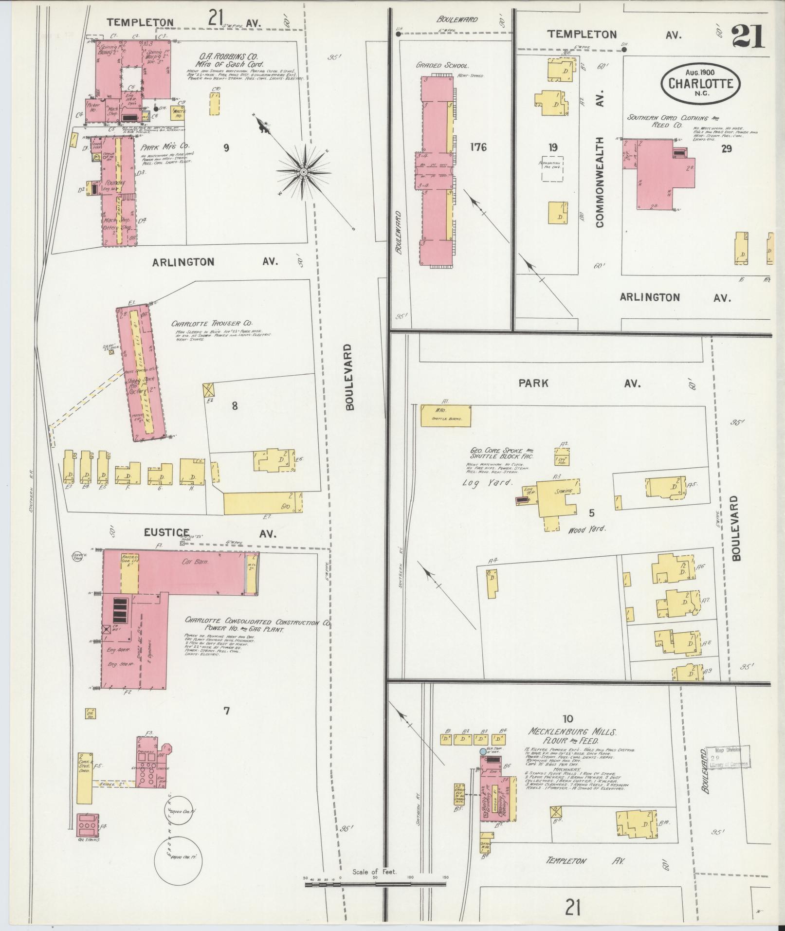 Sanborn Fire Insurance Map from Charlotte, Mecklenburg County, North Carolina (1900), Sheet #0021 - Complete Map Set gallery image, historic Sanborn map, vintage wall art, North Carolina North Carolina