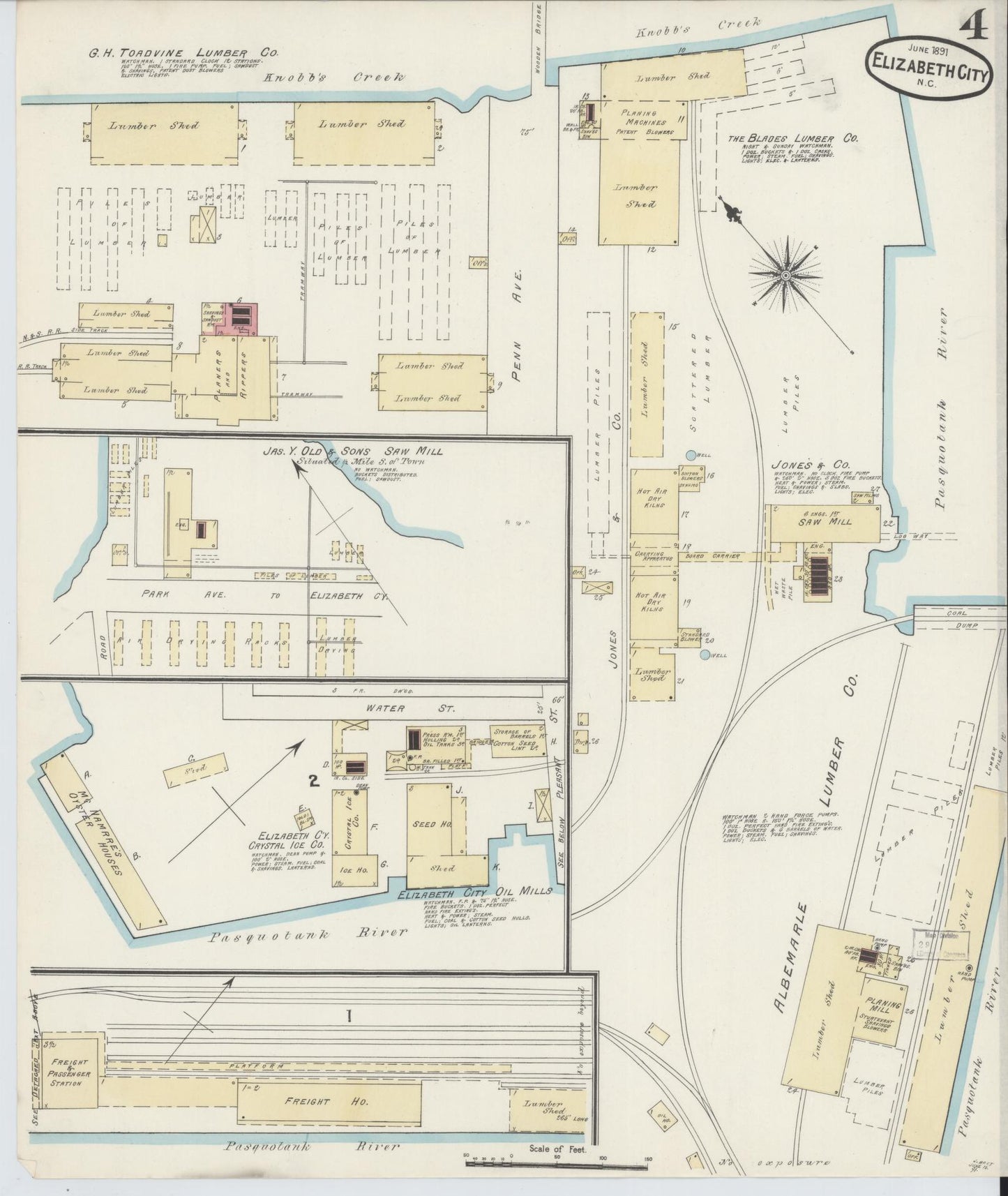 Sanborn Fire Insurance Map from Elizabeth City, Pasquotank County, North Carolina (1891), Sheet #0004 - Historic Sanborn Fire Insurance Map Print, vintage old map wall art, antique decor, genealogy gift, North Carolina North Carolina map