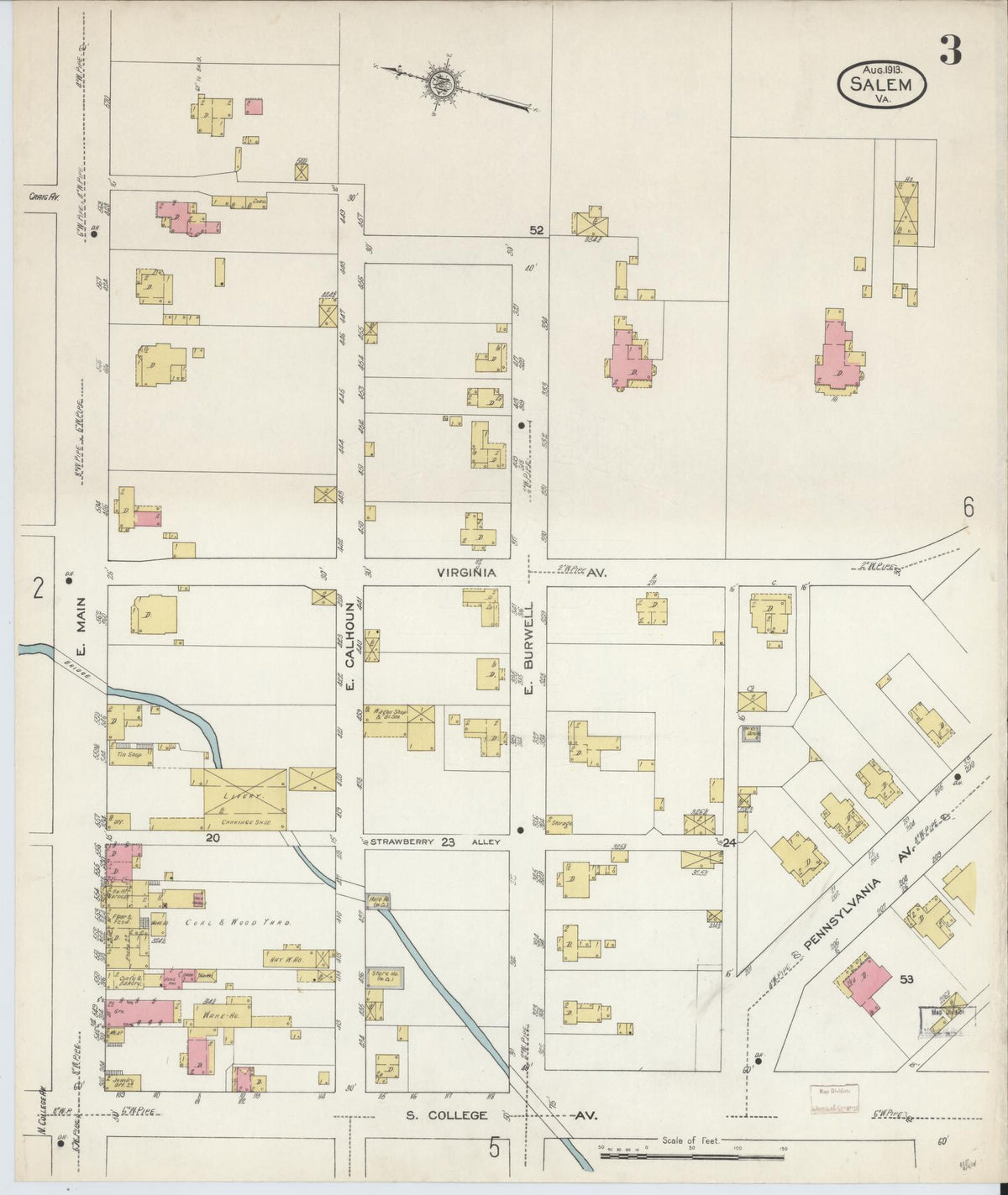 Sanborn Fire Insurance Map from Salem, Independent Cities, Virginia (1913), Sheet #0003 - Complete Map Set gallery image, historic Sanborn map, vintage wall art, Virginia Virginia