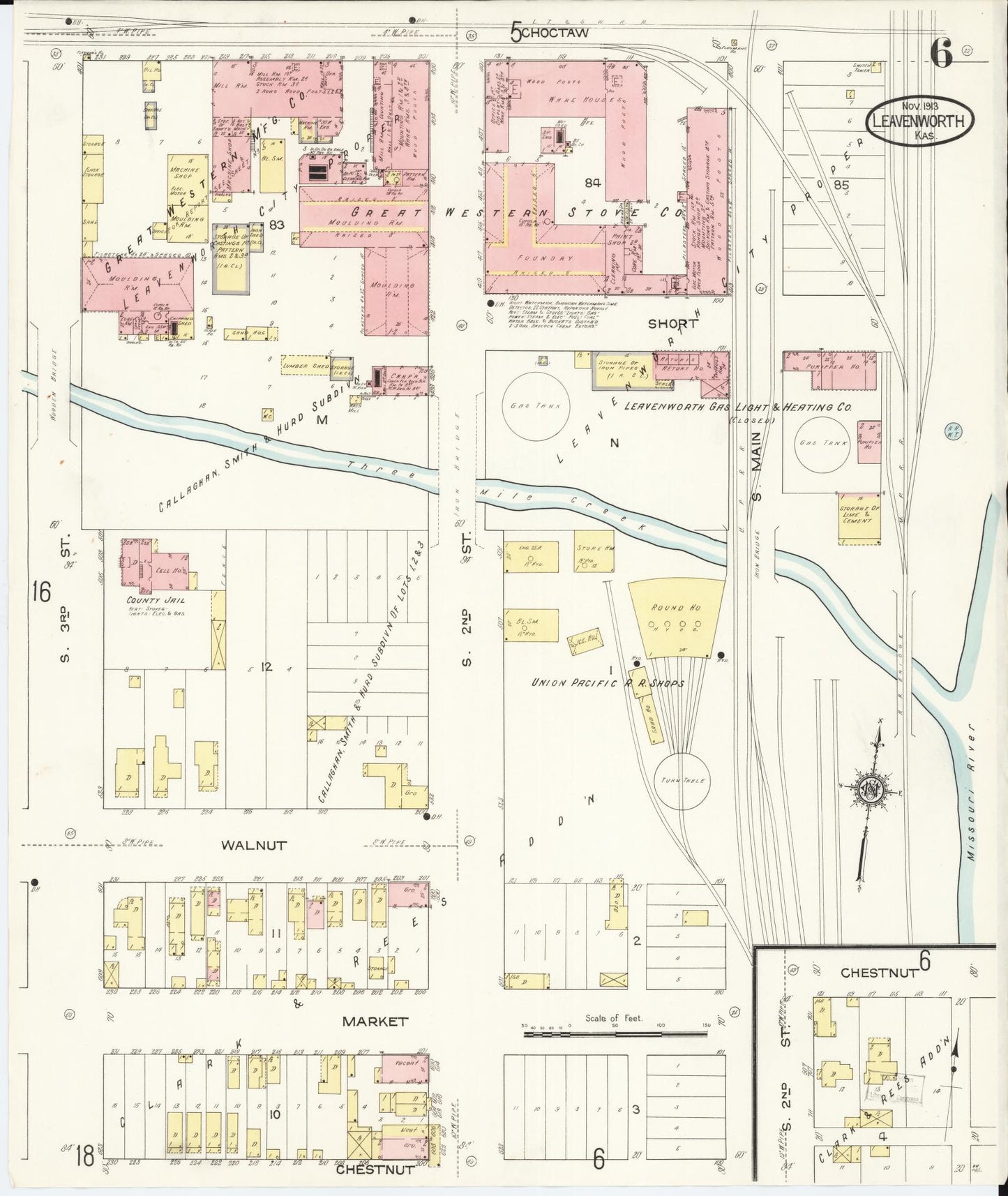 Sanborn Fire Insurance Map from Leavenworth, Leavenworth County, Kansas (1913), Sheet #0007 - Historic Sanborn Fire Insurance Map Print, vintage old map wall art, antique decor, genealogy gift, Kansas Kansas map