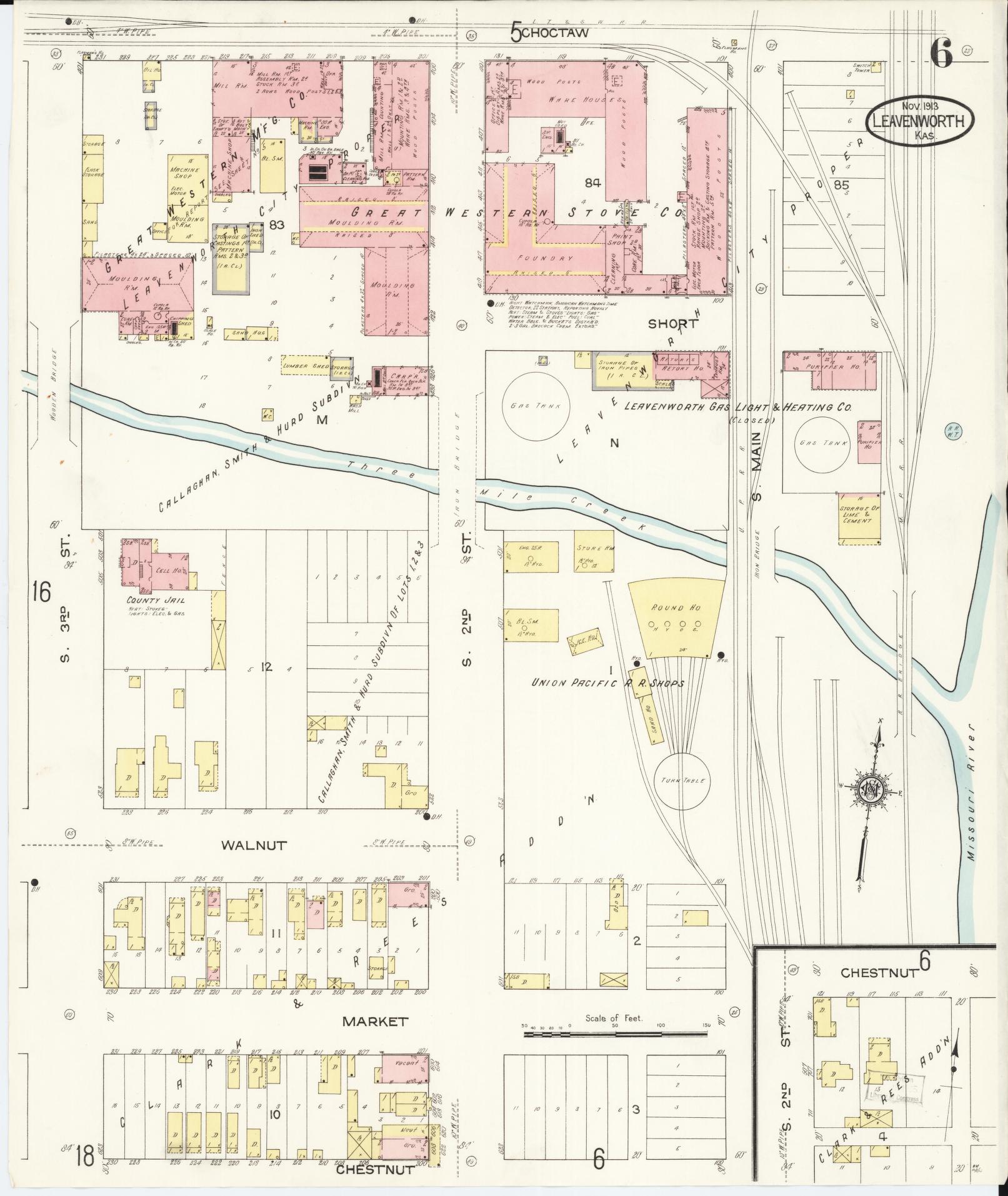 Sanborn Fire Insurance Map from Leavenworth, Leavenworth County, Kansas (1913), Sheet #0007 - Historic Sanborn Fire Insurance Map Print, vintage old map wall art, antique decor, genealogy gift, Kansas Kansas map