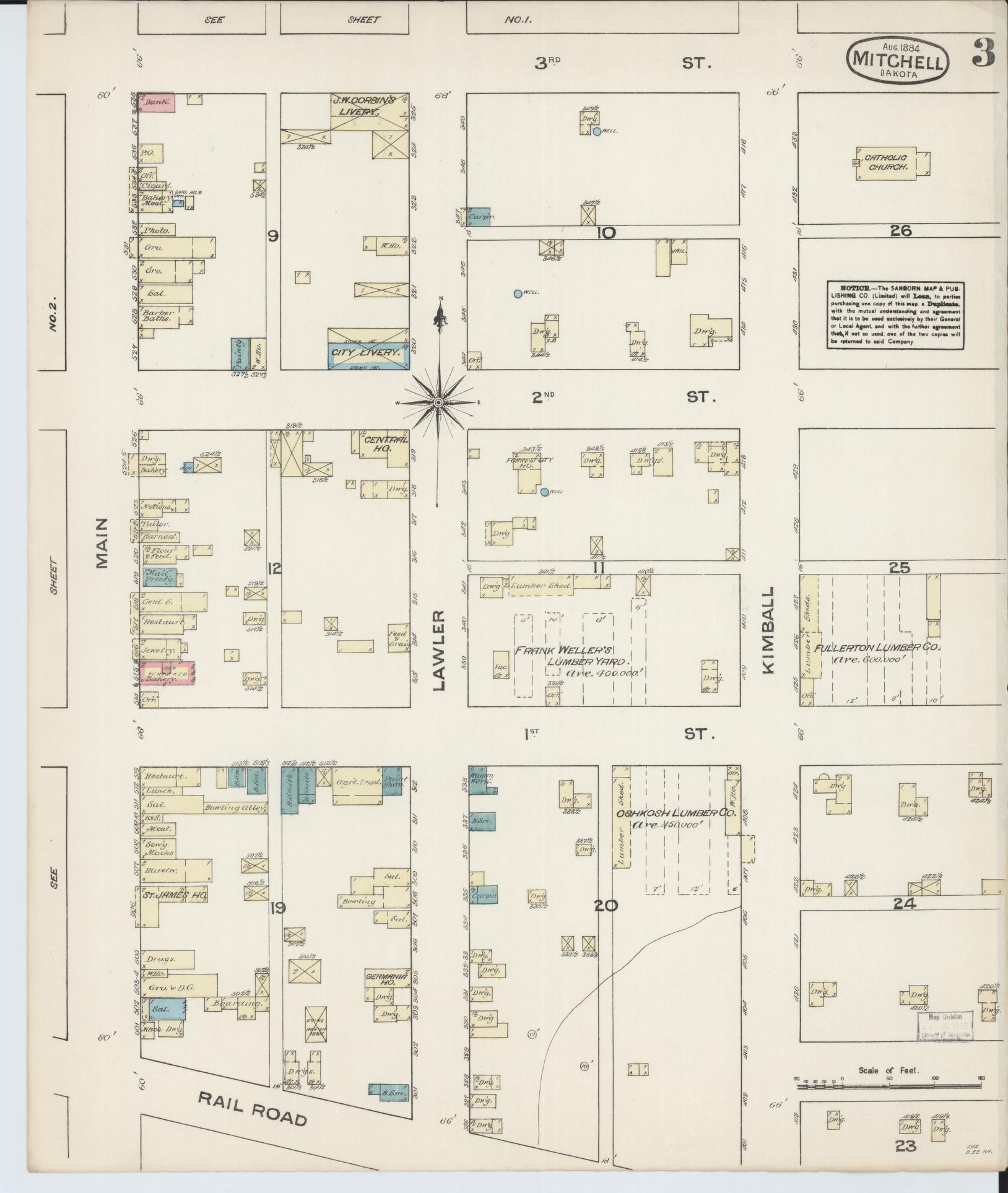 Sanborn Fire Insurance Map from Mitchell, Davison County, South Dakota (1884), Sheet #0003 - Complete Map Set gallery image, historic Sanborn map, vintage wall art, South Dakota South Dakota
