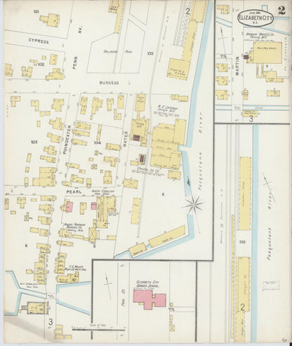 Sanborn Fire Insurance Map from Elizabeth City, Pasquotank County, North Carolina (1896), Sheet #0002 - Historic Sanborn Fire Insurance Map Print, vintage old map wall art, antique decor, genealogy gift, North Carolina North Carolina map