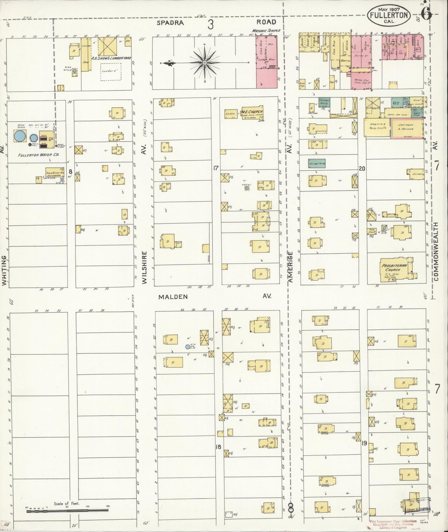 Sanborn Fire Insurance Map from Fullerton, Orange County, California (1907), Sheet #0006 - Historic Sanborn Fire Insurance Map Print, vintage old map wall art, antique decor, genealogy gift, California California map