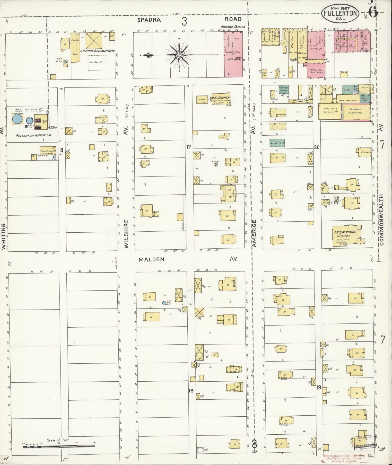 Sanborn Fire Insurance Map from Fullerton, Orange County, California (1907), Sheet #0006 - Historic Sanborn Fire Insurance Map Print, vintage old map wall art, antique decor, genealogy gift, California California map