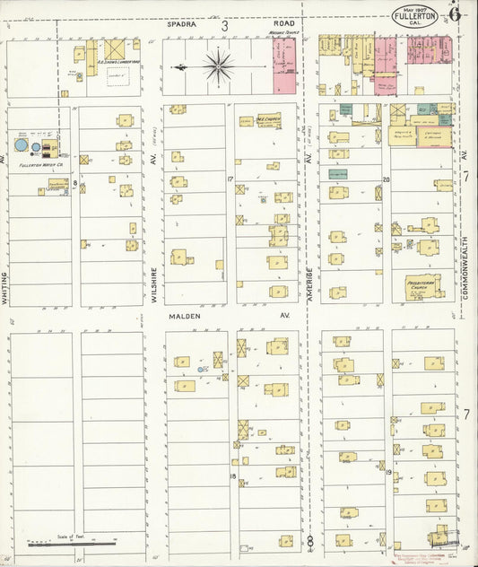 Sanborn Fire Insurance Map from Fullerton, Orange County, California (1907), Sheet #0006 - Historic Sanborn Fire Insurance Map Print, vintage old map wall art, antique decor, genealogy gift, California California map