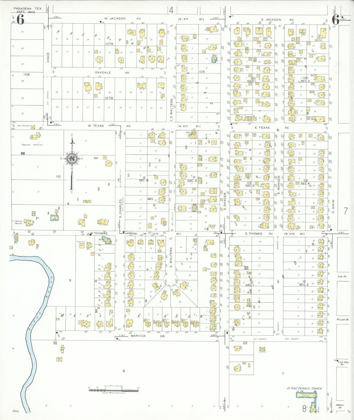 Sanborn Fire Insurance Map from Pasadena, Harris County, Texas (1943), Sheet #0006 - Historic Sanborn Fire Insurance Map Print, vintage old map wall art, antique decor, genealogy gift, Texas Texas map